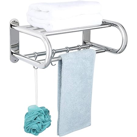 SAYAYO SUS304 - Toallero ajustable de acero inoxidable para baño, estante extensible con 2 rieles de toalla y 4 ganchos para montar en la pared, ...