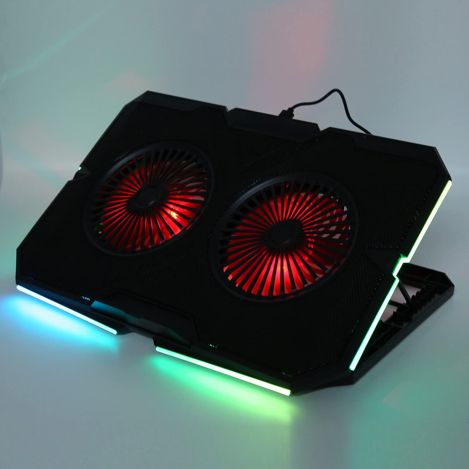 Laptop-Kühlpad, RGB-Laptop-Kühler, Notebook-Kühler, Zwei Leise Lüfter, 7 Stufen Höhenverstellung, 2 USB-Anschlüsse, Legierungspanel mit RGB-Lichtleiste für 14-17-Zoll-Lapto