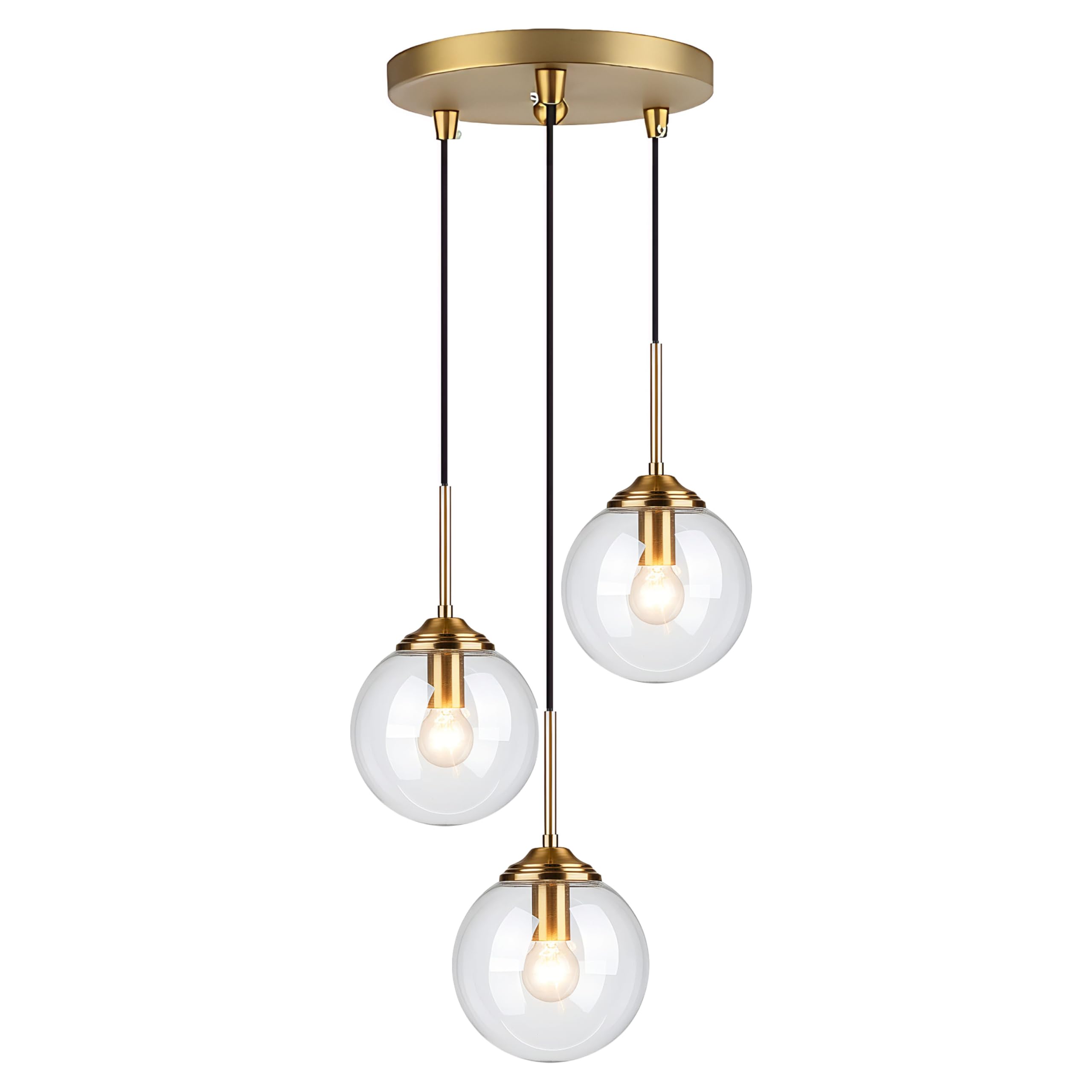 Lfsem Clear Vintage 3 Pendants Ceiling Light Fixture,Spherical Glass Shades & Gold E27 Metal Fittings, Adjustable Hanging 3-Light Chandelier For Kitchen Island, Dining Room (Clear)