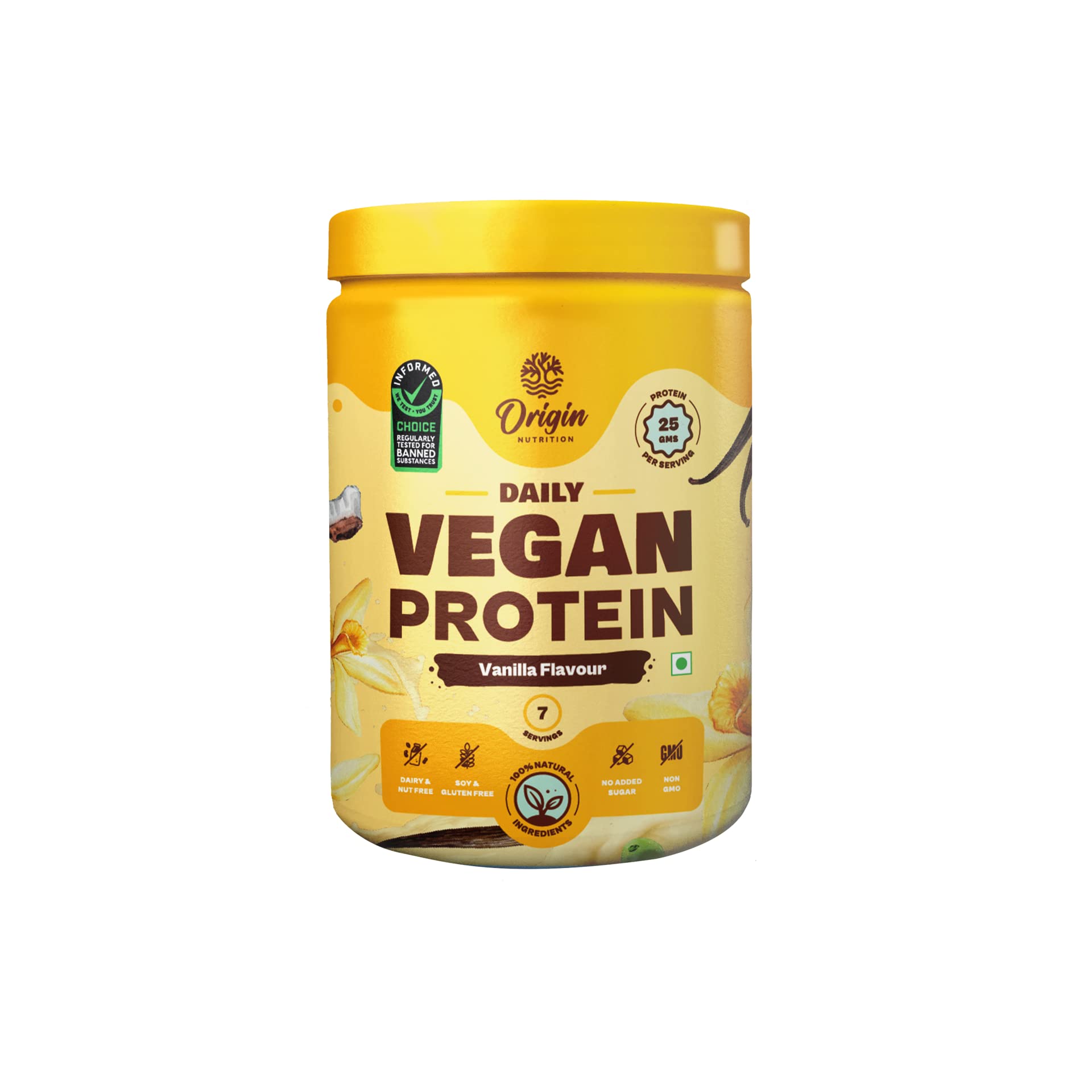 Origin Nutrition 100% Natural Vegan Protein Powder, Easy to Digest Vanilla Flavour with 25g Plant Based Protein, Gluten Free, Dairy Free, No Added Sugar, Soy Free, Non - GMO, Jain, 7 Servings, 274g