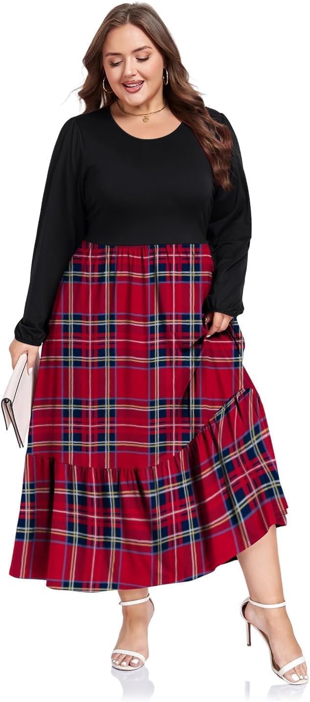 Moon Wood Women's Plus Size Maxi Dress Empire Waist Crew Neck Long Sleeve Dress with Pockets, Long Casual Dreses Daily Wear - Image 3