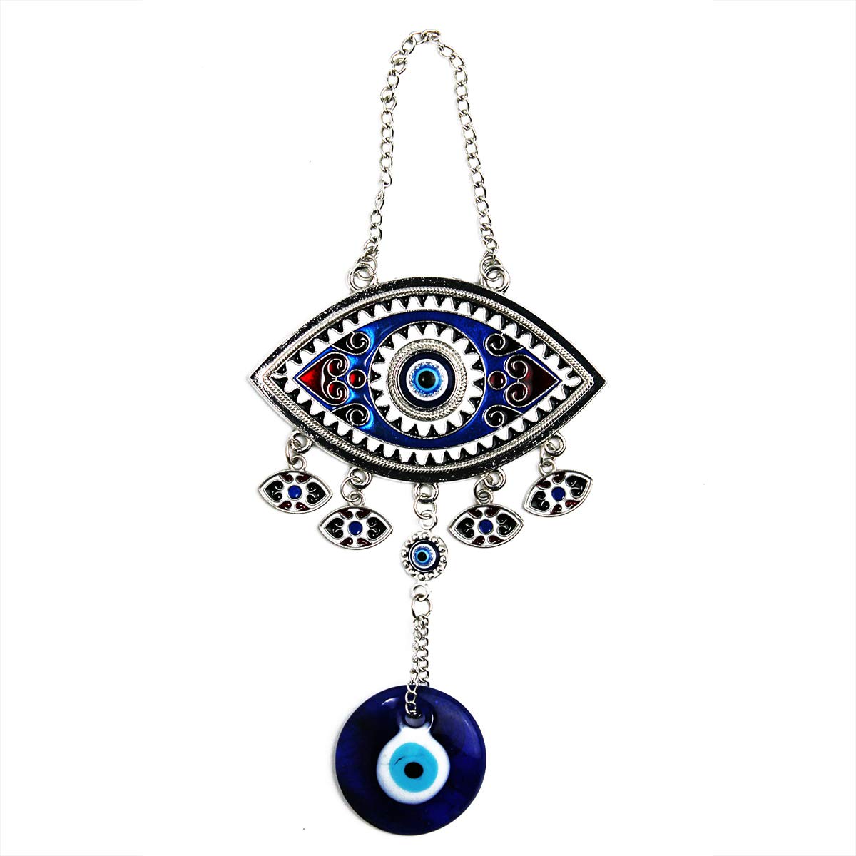 LUCKY EYE MAGIC - Lucky Blue and Red Evil Eye Hanging Pendant with Embedded Colors, Large Eye with Free Hanging Blue Evil Eye, Great Gift, Silver, 4.5” x 7”