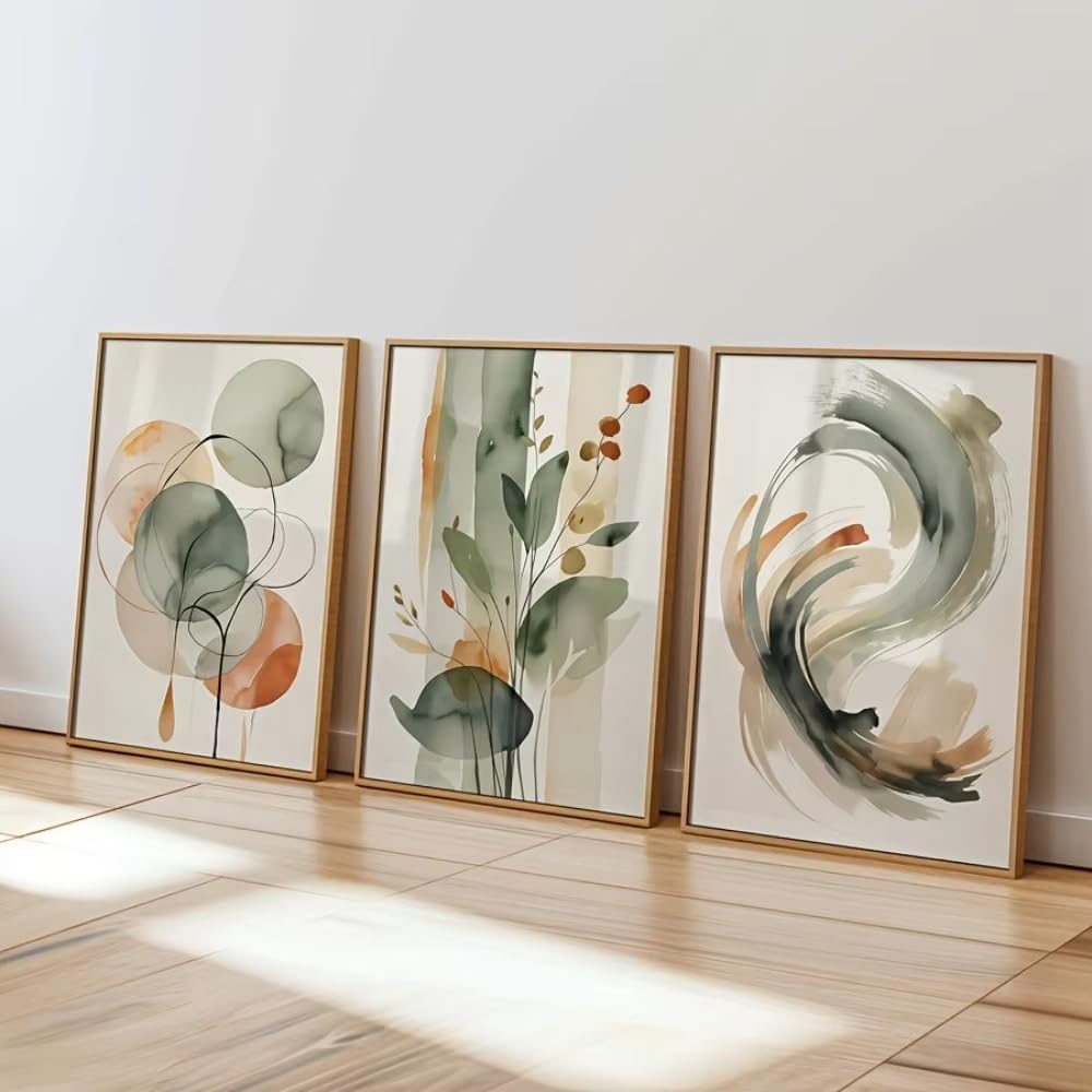 awtrhfc Beige Abstract Wall Art,Plant and Geometric Prints Living Room Decor,Modern Minimalist Poster(70x100cm(28x39in) x3/No frame)