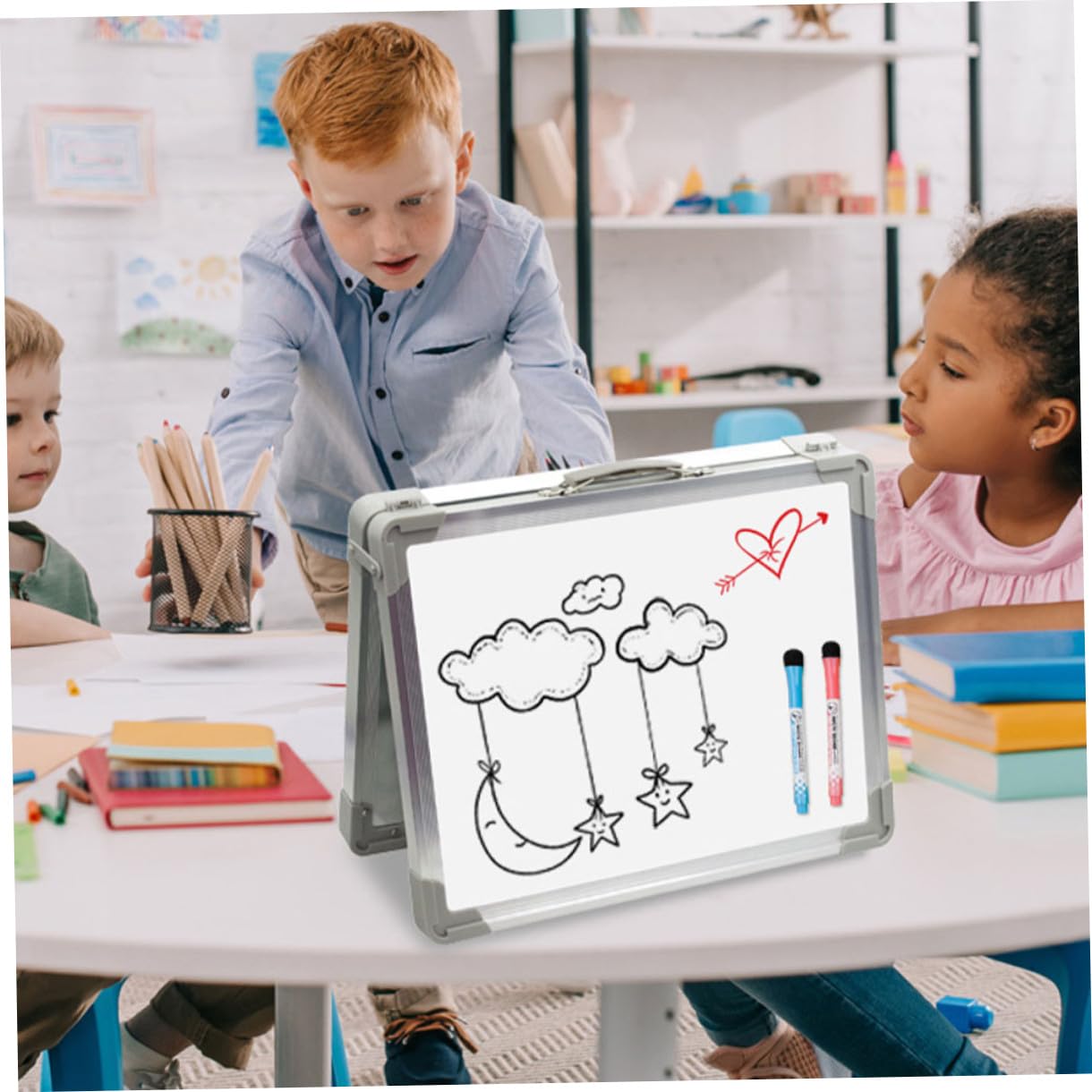 Lavagna Magnetica Pieghevole Doppia Faccia per Scrivania con Supporto in Lavagnetta Cancellabile Secco Portatile per Scuola e Ufficio Bianco