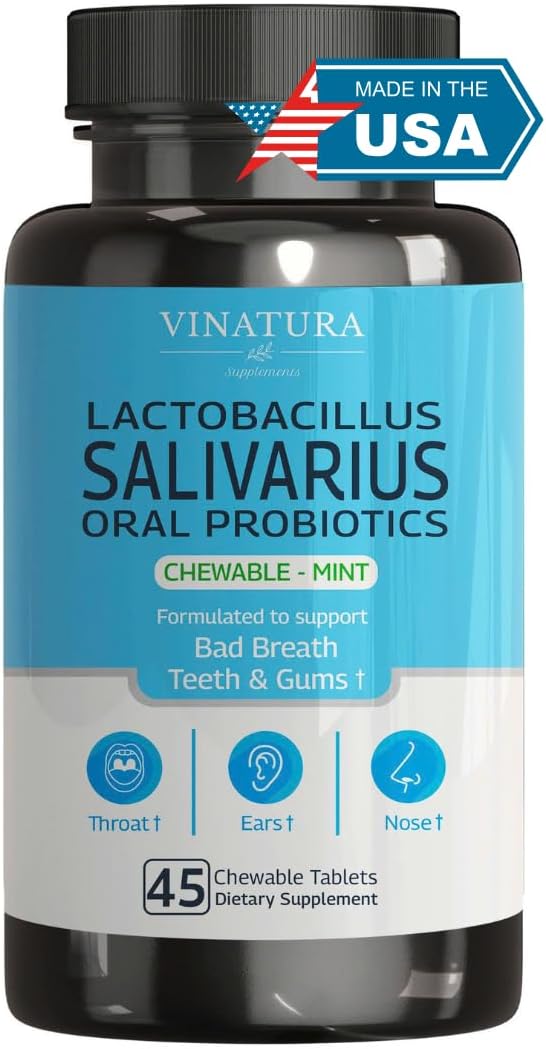 VINATURA Lactobacillus Salivarius Oral Probiotics - Mouth Bad Breath Treatment for Adults, Dental probiotics for Teeth and Gums, Throat, Ear, Nose - 45 Chewable Mint Tablets