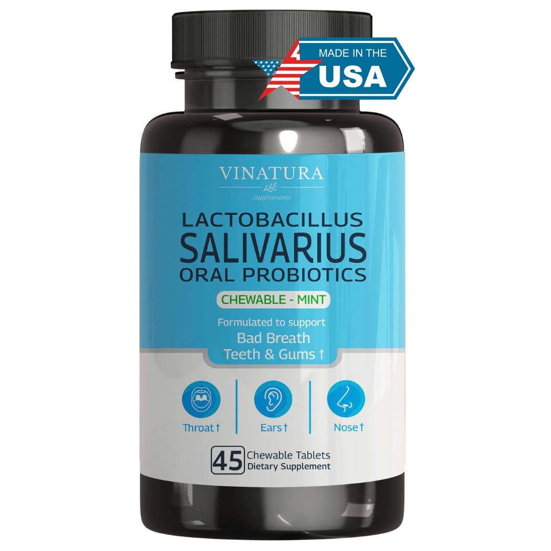 Lactobacillus Salivarius Oral Probiotics - Mouth Bad Breath Treatment for Adults, Dental probiotics for Teeth and Gums, Throat, Ear, Nose - 45 Chewable Mint Tablets