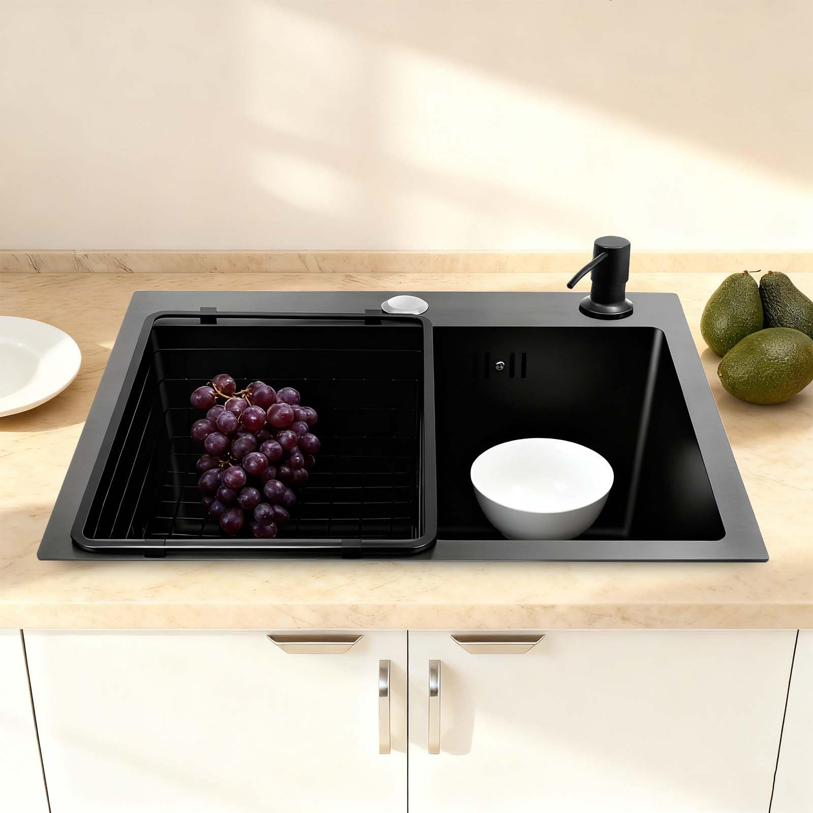 Évier noir anti-rayures avec bonde V et système silencieux pour cuisine