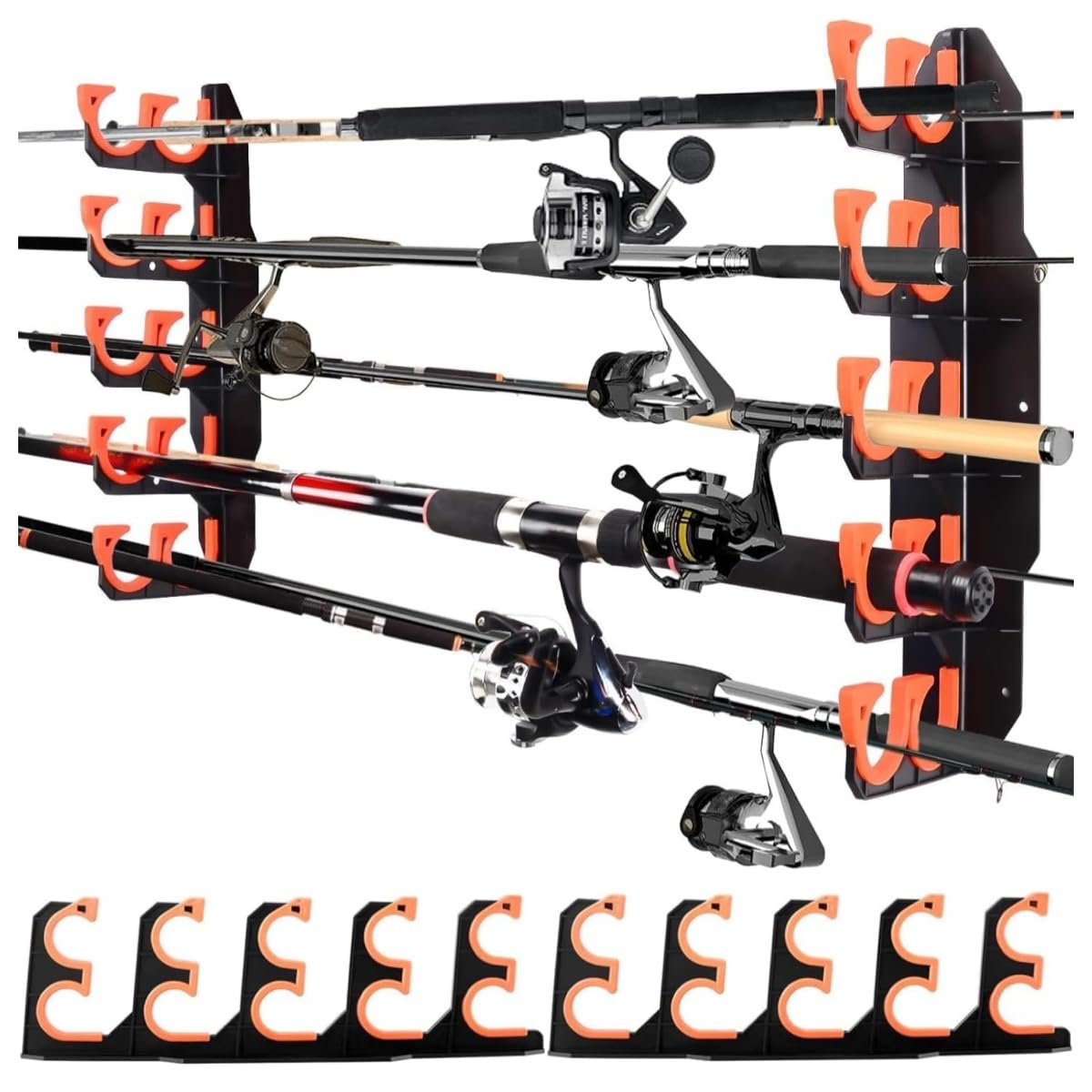 SunYoda Fishing Rod Rack Holds Up to 10 Rods, Wall & Ceiling Mounted Fishing Rod Holder, Fishing Pole Organizer for Garage, Fishing Gear Gifts for Men