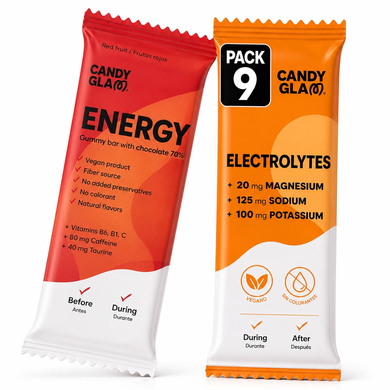 Candy Glam – Pack Mixte de 24 Barres Gélifiées – 12 Barres Énergétiques Fruits Rouges (Caféine, Taurine & Vitamines) + 12 Barres aux Électrolytes Orange & Chocolat Noir 70% – Snack Sportif pour l'Éne