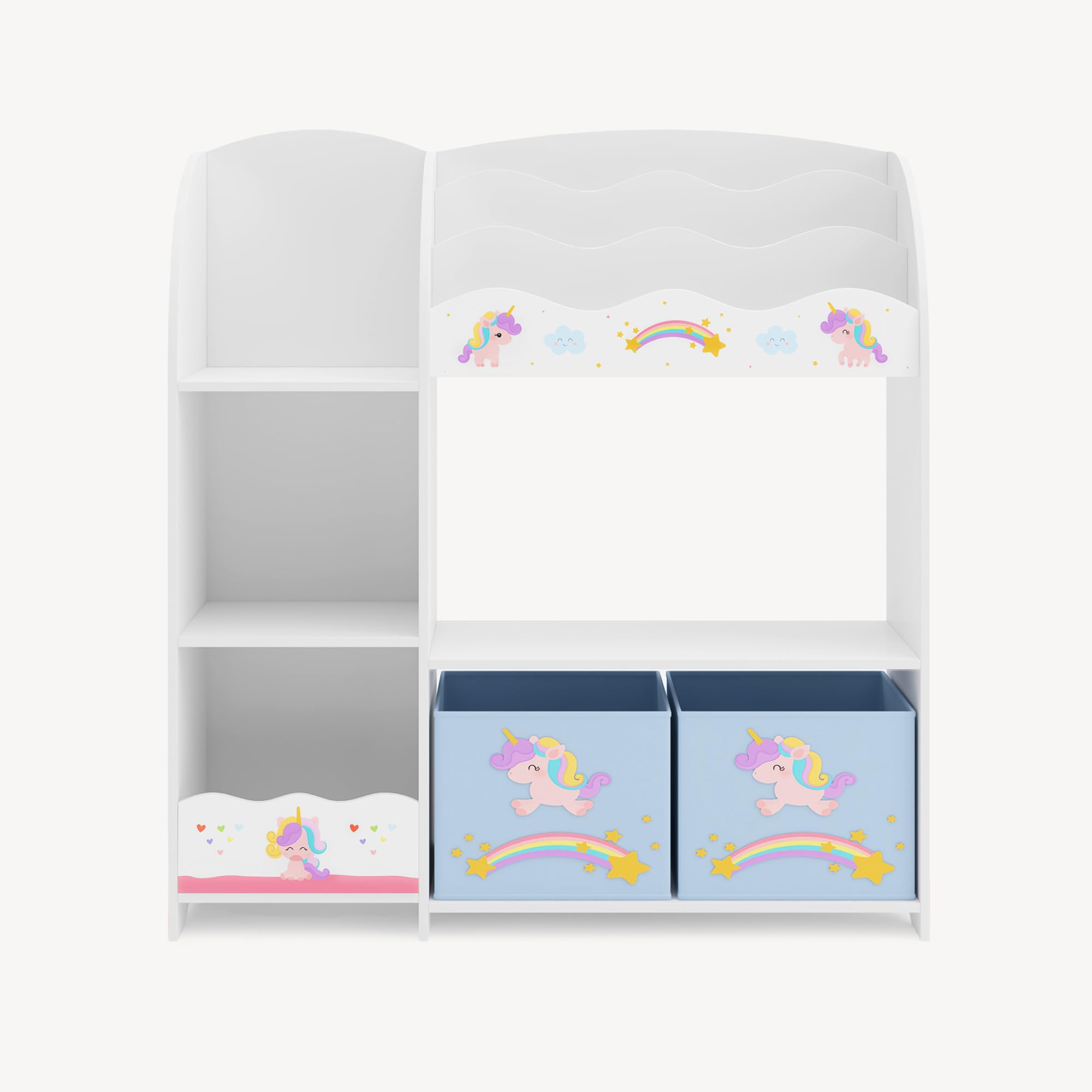 [en.casa] Scaffale per Cameretta con Ripiani 2 Scatole Porta Giochi Contenitori a Scaletta per Bambini Mobile Organizzatore a Misura di Bimbi - Design a Unicorno