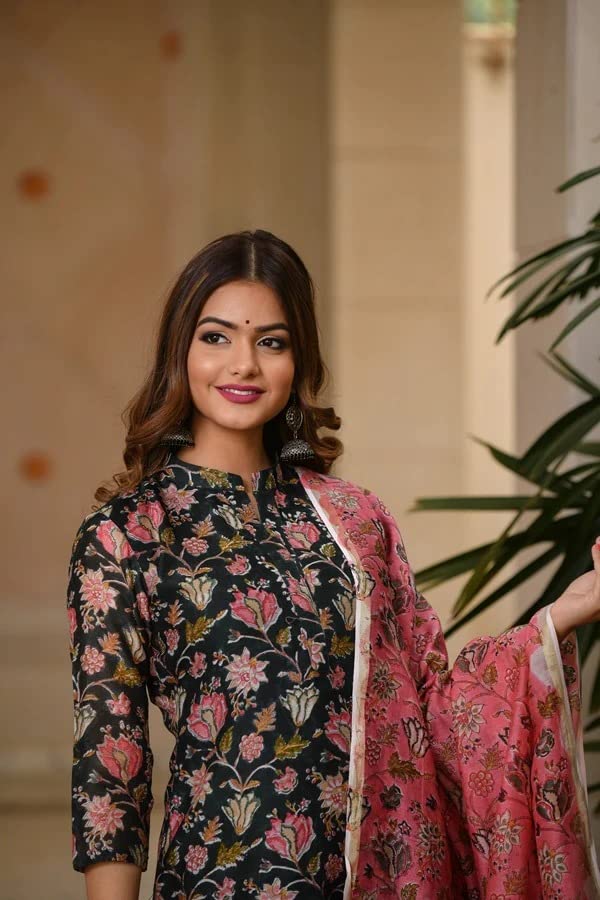 Image of GoSriKi Women's Cotton Blend Kurta with Pant & Dupatta