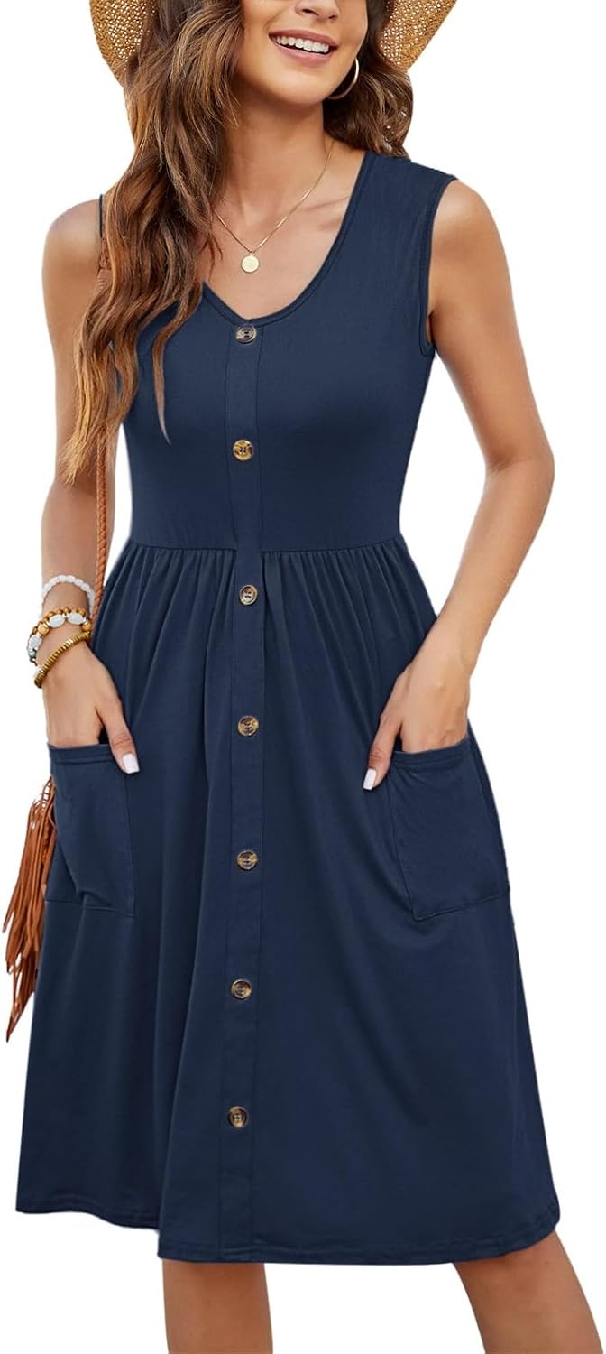 Womens Summer Dresses Sleeveless Casual Loose Button Down Tie Waist Midi Dress with Pockets Work Travel Sundress