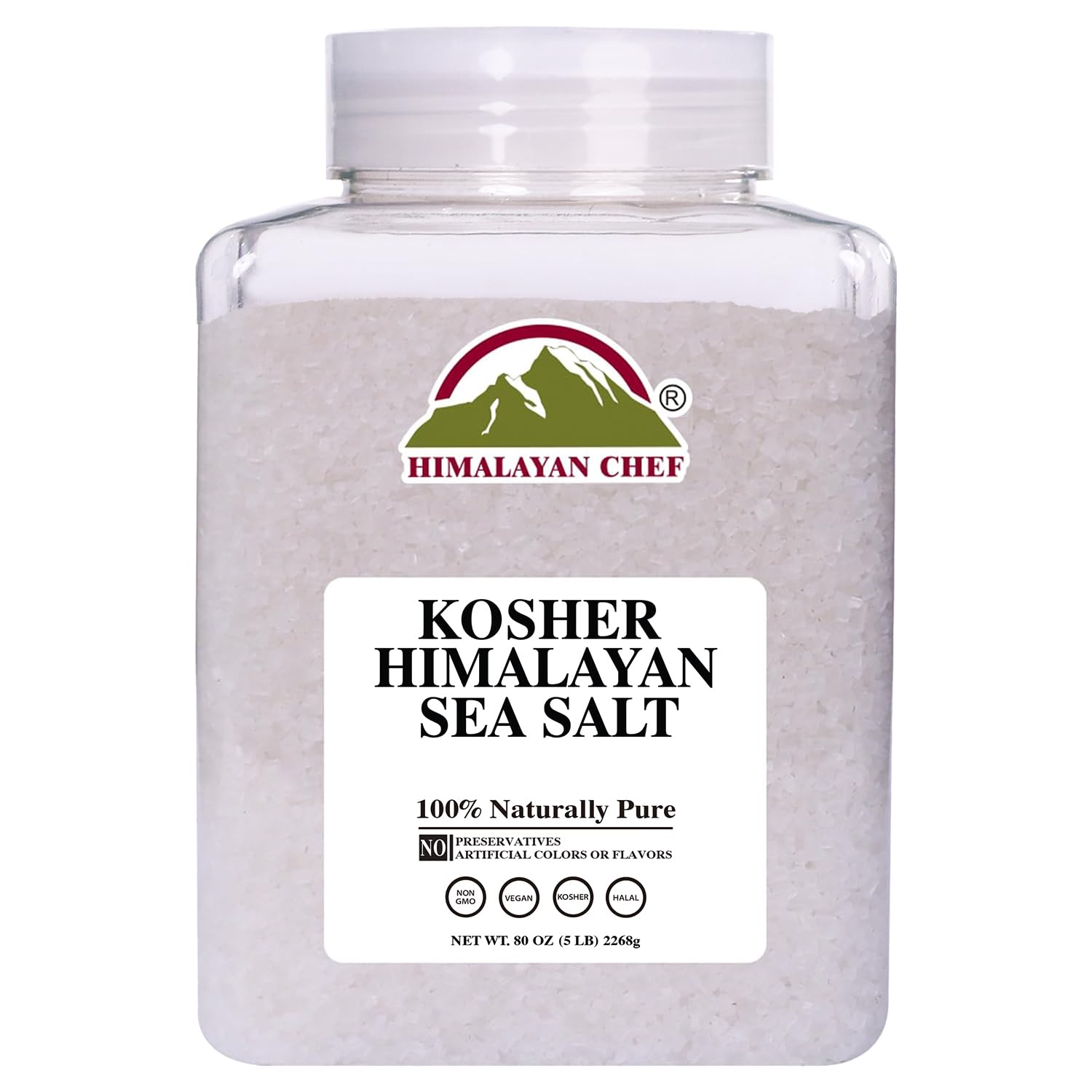Himalayan Chef Kosher Sea Salt – Full Flavor, No Additives, unrefined and Less Sodium - Natural and Organic - 5 Pound Plastic Jar, Kosher & Non GMO Certified