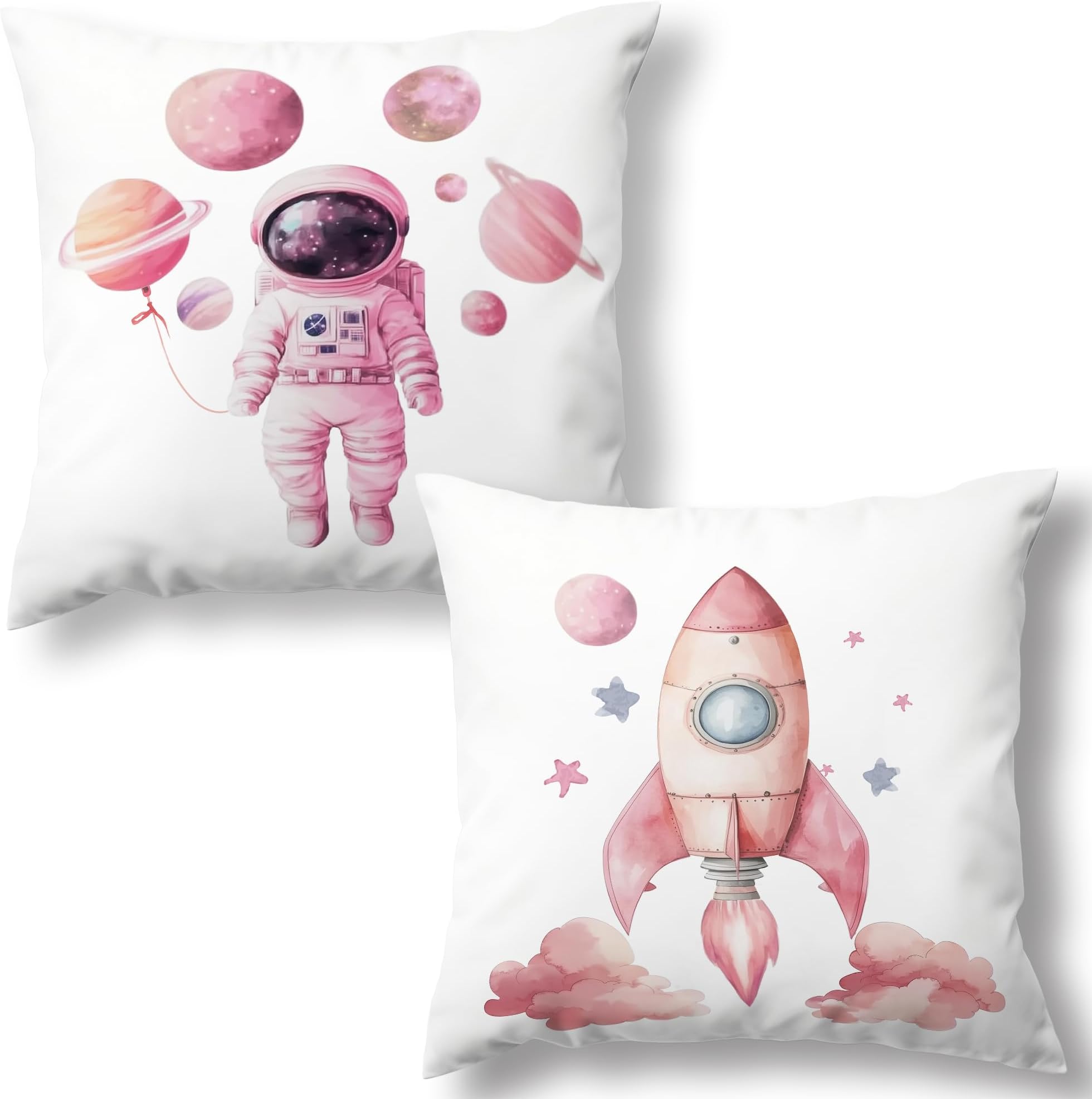 Pink Space Astronaut Rocket Decorative Throw Pillow Covers Set of 2, Nursery Pillows Covers for Kids Boys Girly Room Classroom, Universe Pillow Cases Decor for Couch Bedroom Dorm 18x18in
