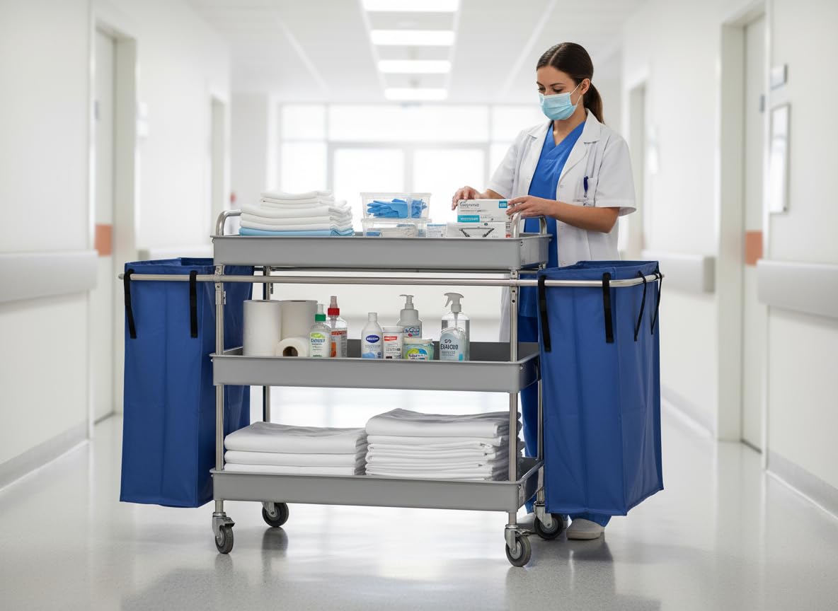 Jofel - AL50150, Carro Camarera Metálico, 3 Bandejas Grandes Y 2 Bolsas Laterales, Totalmente Desmontable, Para Horeca, Hoteles, Geriátricos, Residencias, Hospitales, Clínicas