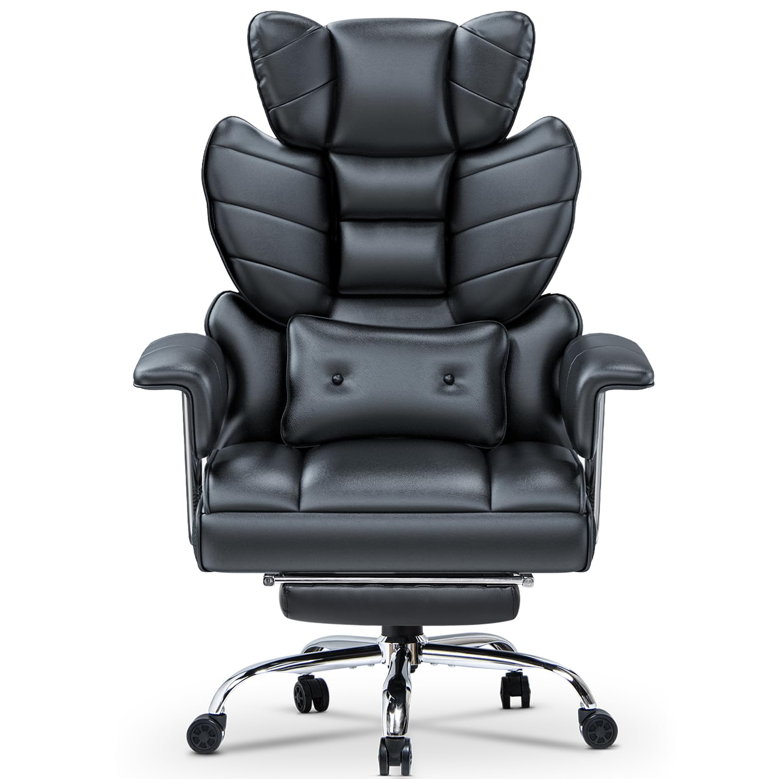 Racingreat Silla de Escritorio ergonómica con reposapiés Extensible,Silla de Oficina Ajustable en Altura,Respaldo Blando Grande,Apoyo Lumbar Individual,Silla de Oficina en Cuero de PU,Negro