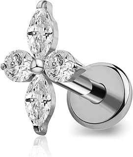 Four-Pointed Tragus Conch Helix Piercing Jewelry Titanium 16G 6mm 8mm - ASTM F136 Titanium Cartilage Earring, Implant Grade Flatback Stud Internally Threaded Hypoallergenic Body Jewelry