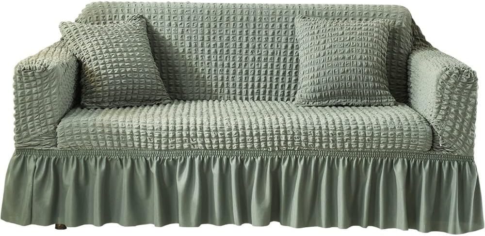 Seersucker Sofa Cover for 1/2/3/4 Seater, 3D Bubble Lattice Couch Slipcover with Skirt, Universal Washable Stretch Armrest Sofa Cover Furniture Protector (Color : Green, Size : 4 Seater)