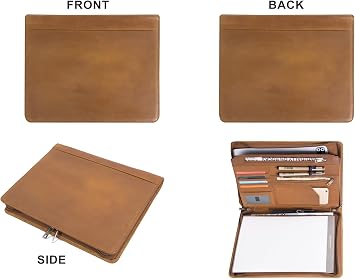 Free Engraved Name, Personalized Leather Portfolio, Custom Padfolio Folio with A4 Notepad Holder, Business Document Organizer Ordner, Resume Zippered Padfolio Case for Men/Women, Customized, Brown