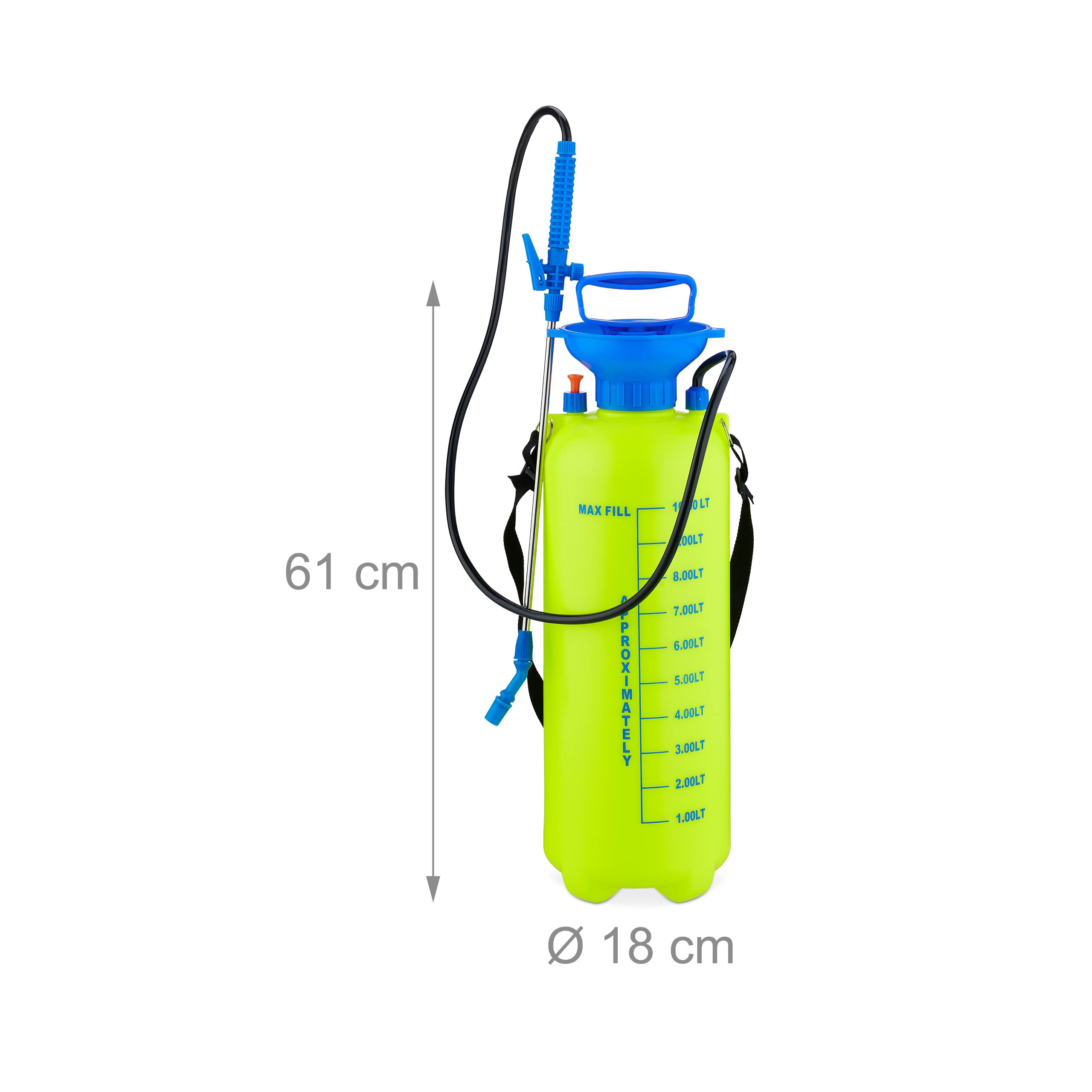 Relaxdays Drucksprüher, 10 l, verstellbare Düse & Skalierung, Bewässerung & Pflanzenschutz, Pumpsprühgerät, gelb-blau