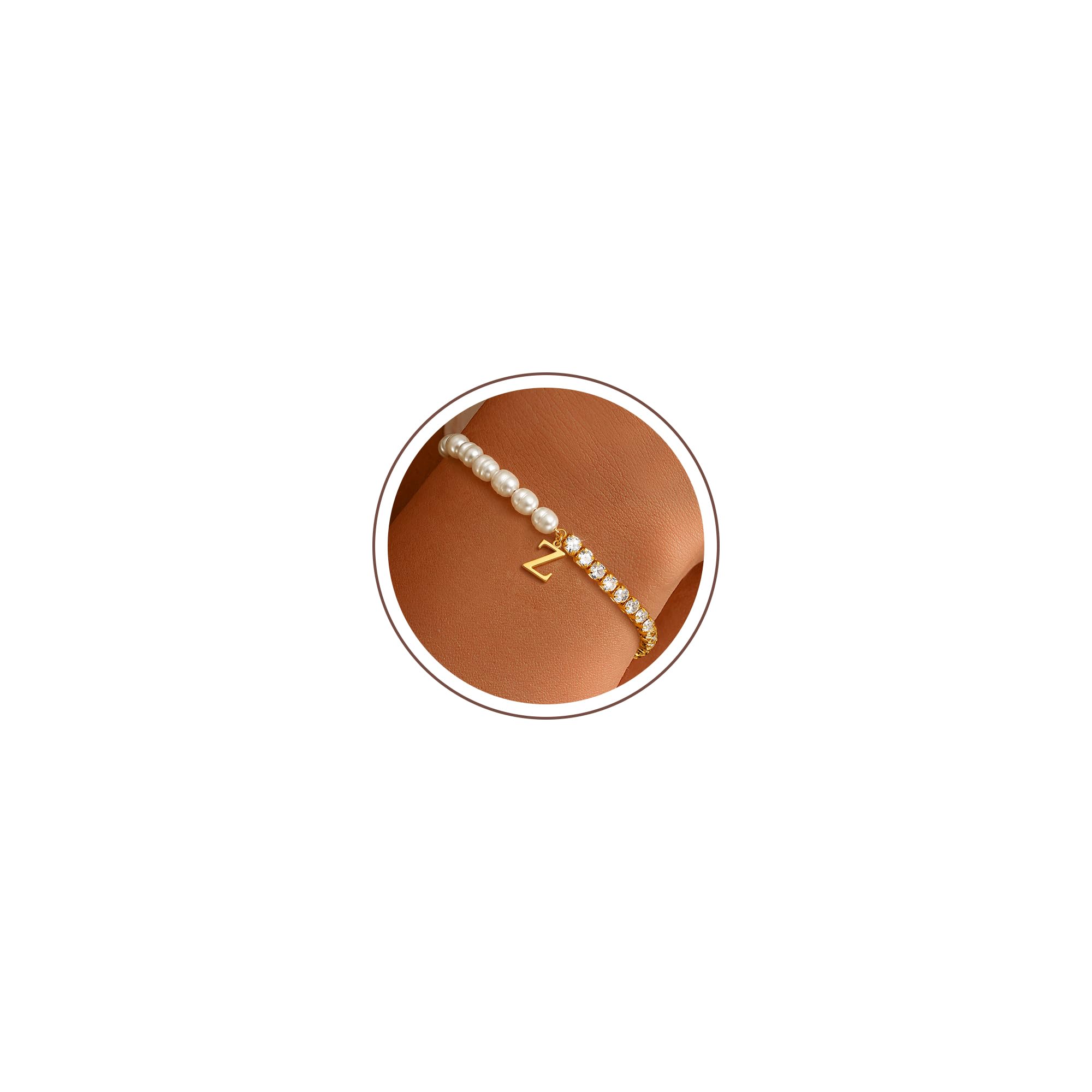 Ritach Gold Bracelets for Women Girls - 14K Gold Plated Freshwater Pearl Bracelet Dainty Gold Initial CZ Tennis Bracelets for Women Girls Pearl Jewelry Birthday Wedding Bridesmaid Gifts