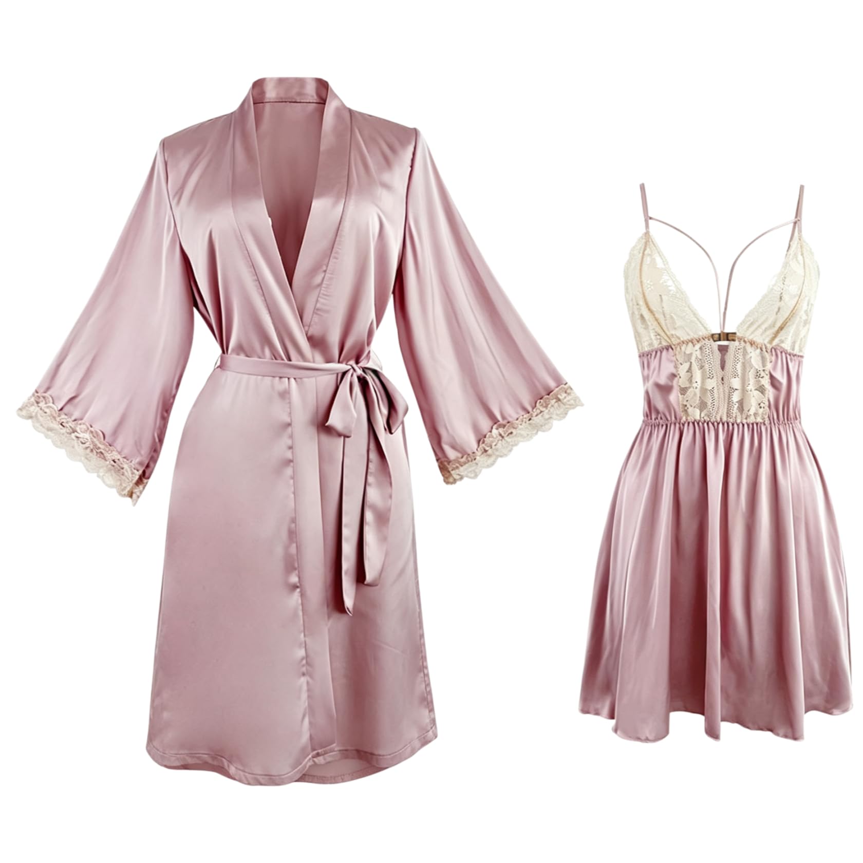 Zweiteiliger Nachtwäsche Set Completo da Casa Sexy da Donna con Canotta in Raso E Pizzo Composto da Camicia da Notte E Vestaglia.