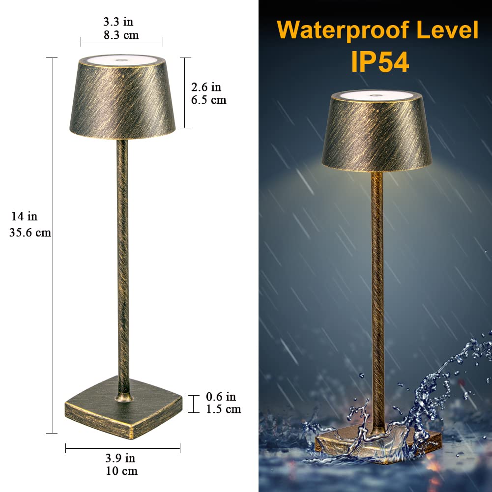 Akku Tischlampe Kabellos, Retro Table Lamp Warme Lichtfarbe Touch Dimmbar, Schutzart IP54 Led Tischleuchte Aufladbar 6000mAh, für Drinnen und Draußen Buffet Restaurant Kaffee Schlafzimmer, Bronze