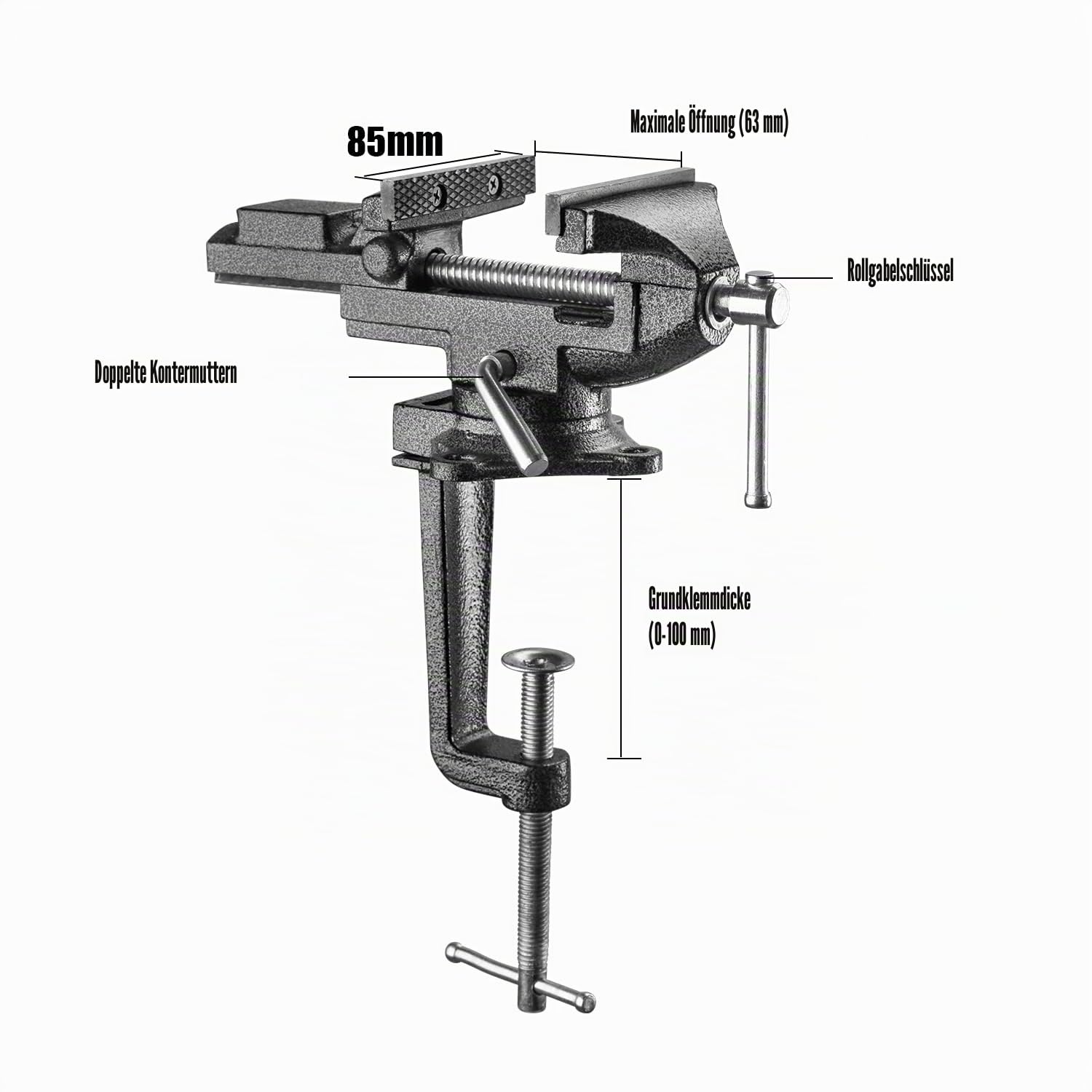 TEENO Schraubstock Drehbar,Breite der Backe 85 mm, Schraubstock klemmbar mit 360° Drehbarem Sockel, Material aus Gegossenem Stahl, 800 kg, Abnehmbar und mit Doppeltem Verwendungszweck (85 mm)