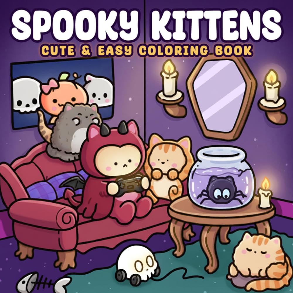 Spooky Kittens Coloring Book: Halloween Cat Coloring Pages with Adorable Haunted Cats, Eerie Nights, Pumpkin Scenes, and Family-Friendly Spooky Fun