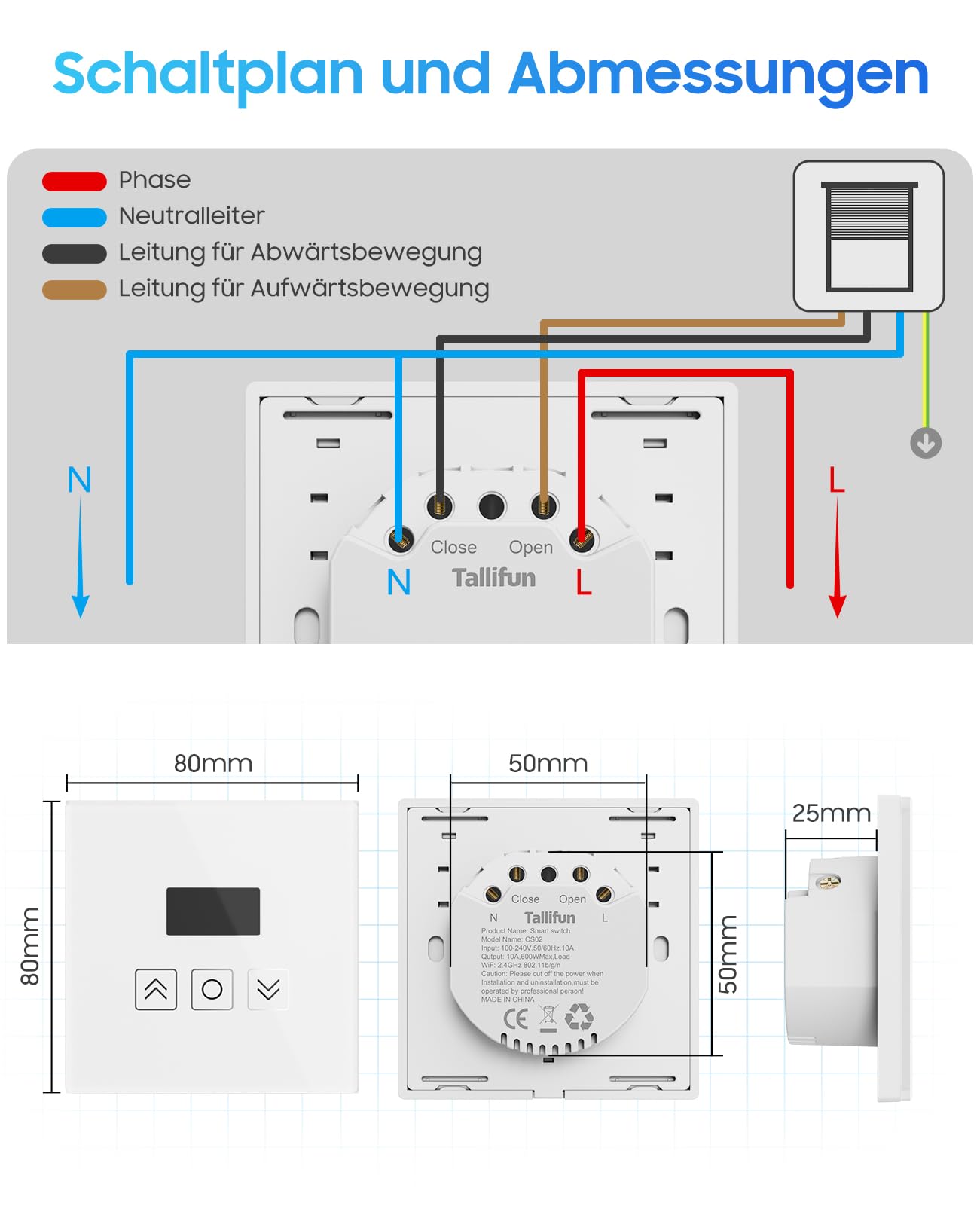 Smart Rolladenschalter mit Prozentanzeige, Wlan Jalousie Schalter mit LCD Bildschirm, Rolladensteuerung funktioniert mit Alexa/Google Assistant/Siri, Benötigt Nullleiter 80x 80mm