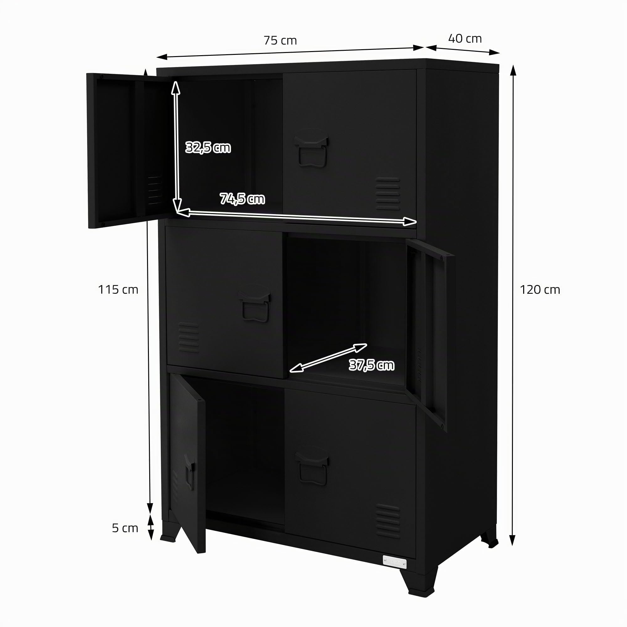 ML-Design Schedario da Ufficio 75x40x120,5 cm Nero Acciaio Mobile a 4 Gambe Armadietto in Metallo 6 Ante 3 Scomparti Interni Armadio Industriale Portadocumenti in Acciaio di Stoccaggio