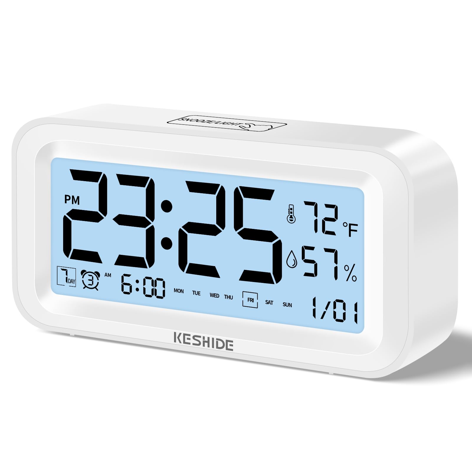 KESHIDE Night Light Digital Alarm Clock Battery Operated with Indoor Temperature Humidity Desk Small Clock Snooze Model 12