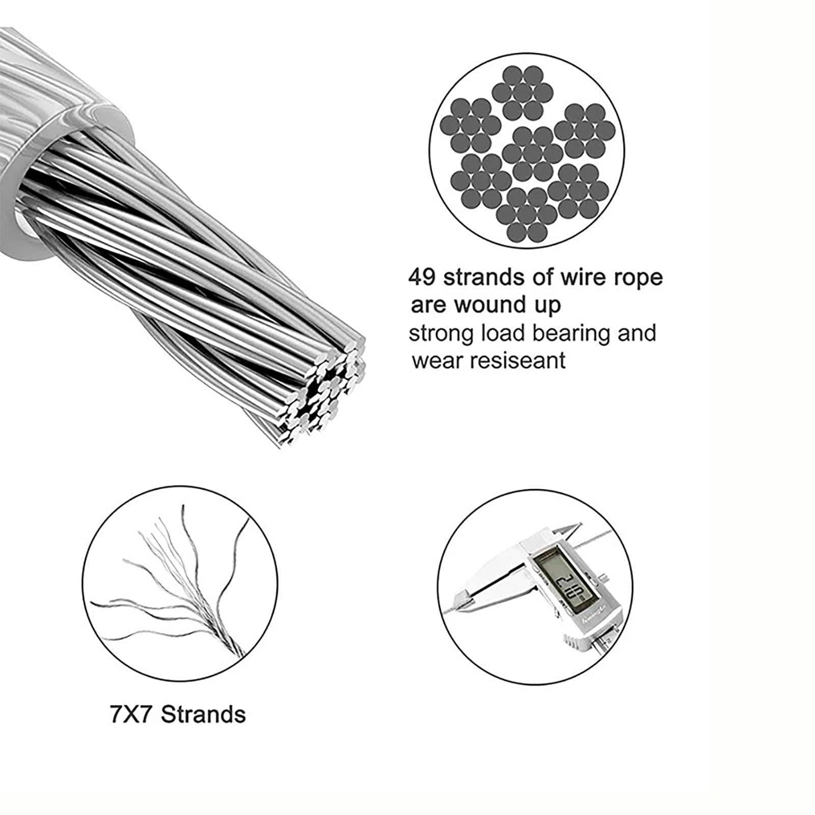 NEWFUN kabel ze stali nierdzewnej 5 mm, kabel ze stali 60 m i akcesoria 304 stal nierdzewna do prowadnicy światła, poręczy tarasowej, żagla cieniującego, przędza do prania fotograficznego (60M)