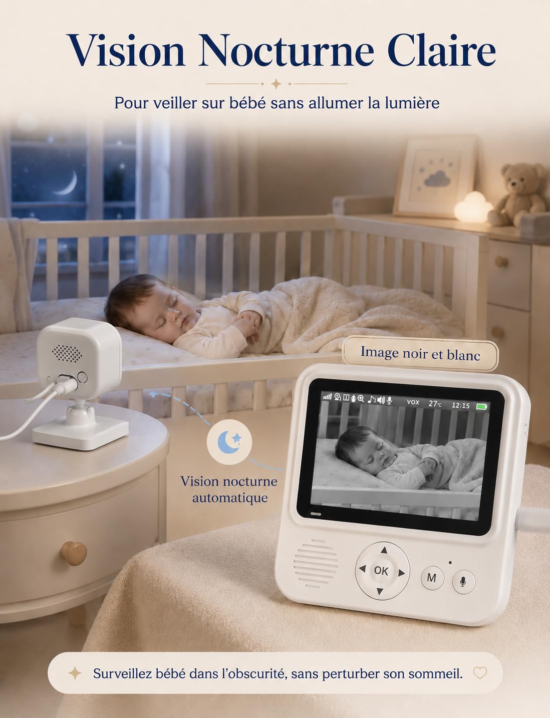 BURNNOVE Babyphone Caméra 2,8” IPS 720P Moniteur Bébé Longue Autonomie 96H VOX sans WiFi ni App Vision Nocturne Audio Bidirectionnel Détection Son/Mouvement pour Nuit et Sieste