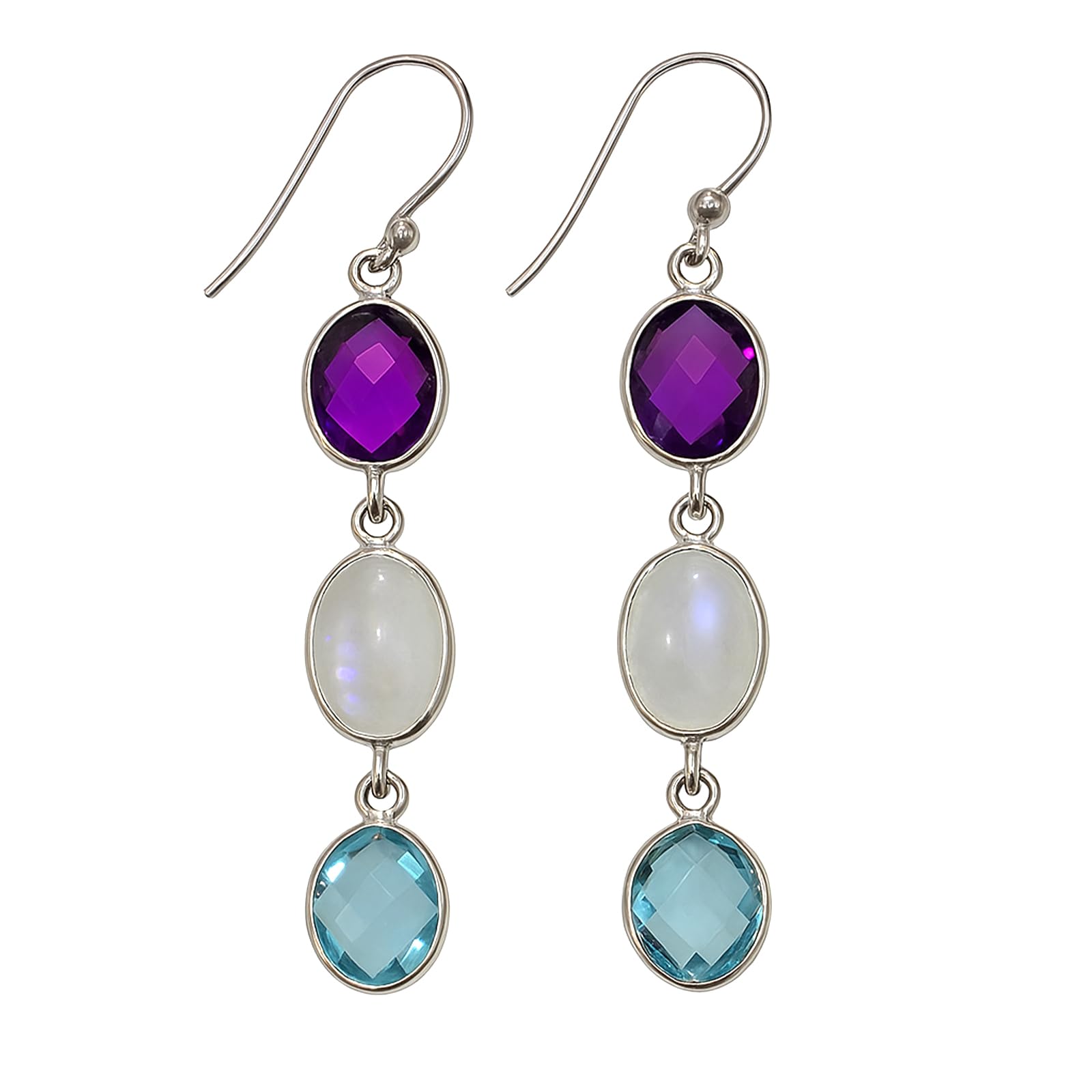 Boucles D'oreilles Pendantes En Argent 925 Avec Améthyste Et Topaze Bleue - Style Larme