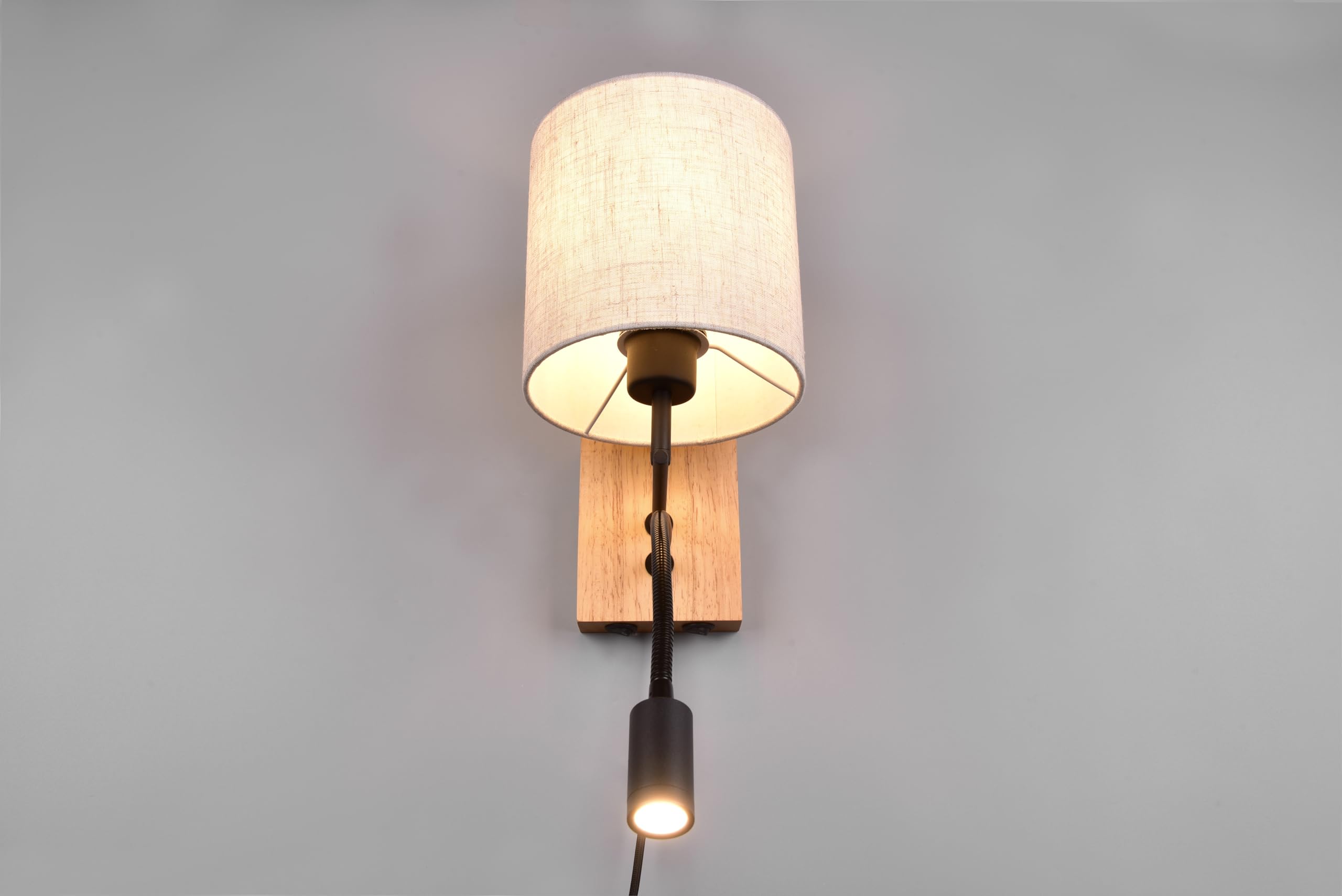 Trio Leuchten Wandleuchte Nilam 212879236, Holz naturbelassen, Schirm Stoff, exkl. 1x E27, Lesearm inkl. 3.1 Watt LED, Flex Connect, Weiß