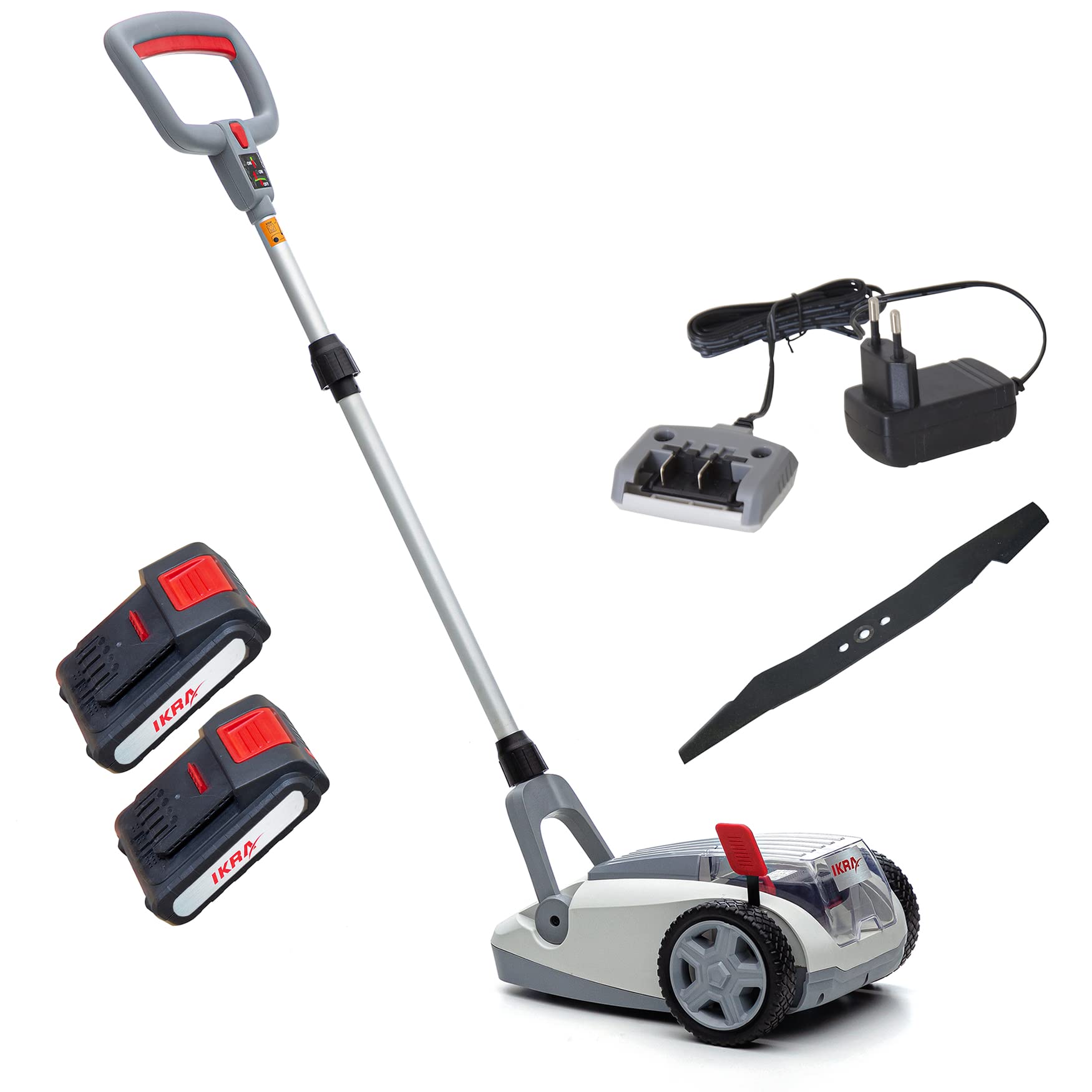 IKRA cortacésped ICHM 20, con cuchilla de repuesto, 2 baterías y cargador | Con función de mulching, recomendado para 50 m², ancho de corte de 21cm, altura de corte de 25-48mm, gama de 20V de IKRA