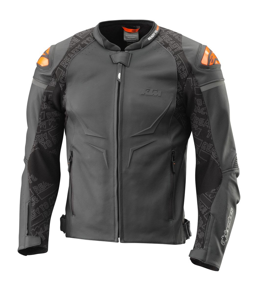 Helical Leather Jacket, Motorcycle Riding Jacket with Shoulder Protection, Gray and Orange