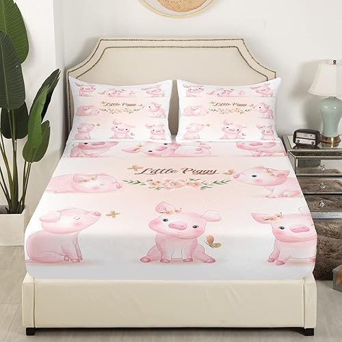Miniatura 2 de Erosebridal Sábanas de cama de cerdo de dibujos animados, sábana bajera ajustable de animales de tamaño individual, lindos cerdos y mariposas, ropa