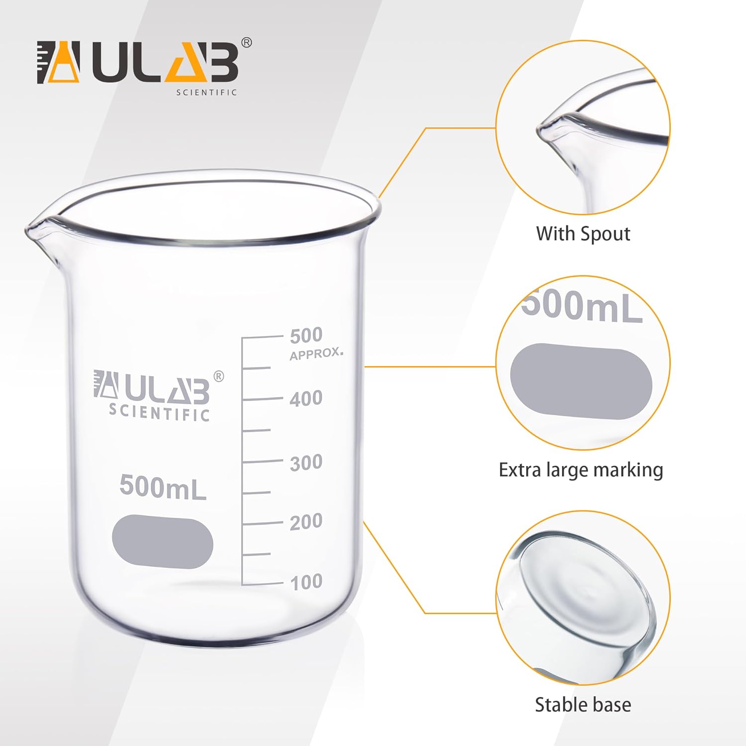 ULAB Scientific Glass Beakers, Vol. 500ml, 3.3 Borosilicate Griffin Low Form with Printed Graduation, Pack of 6, UBG1038