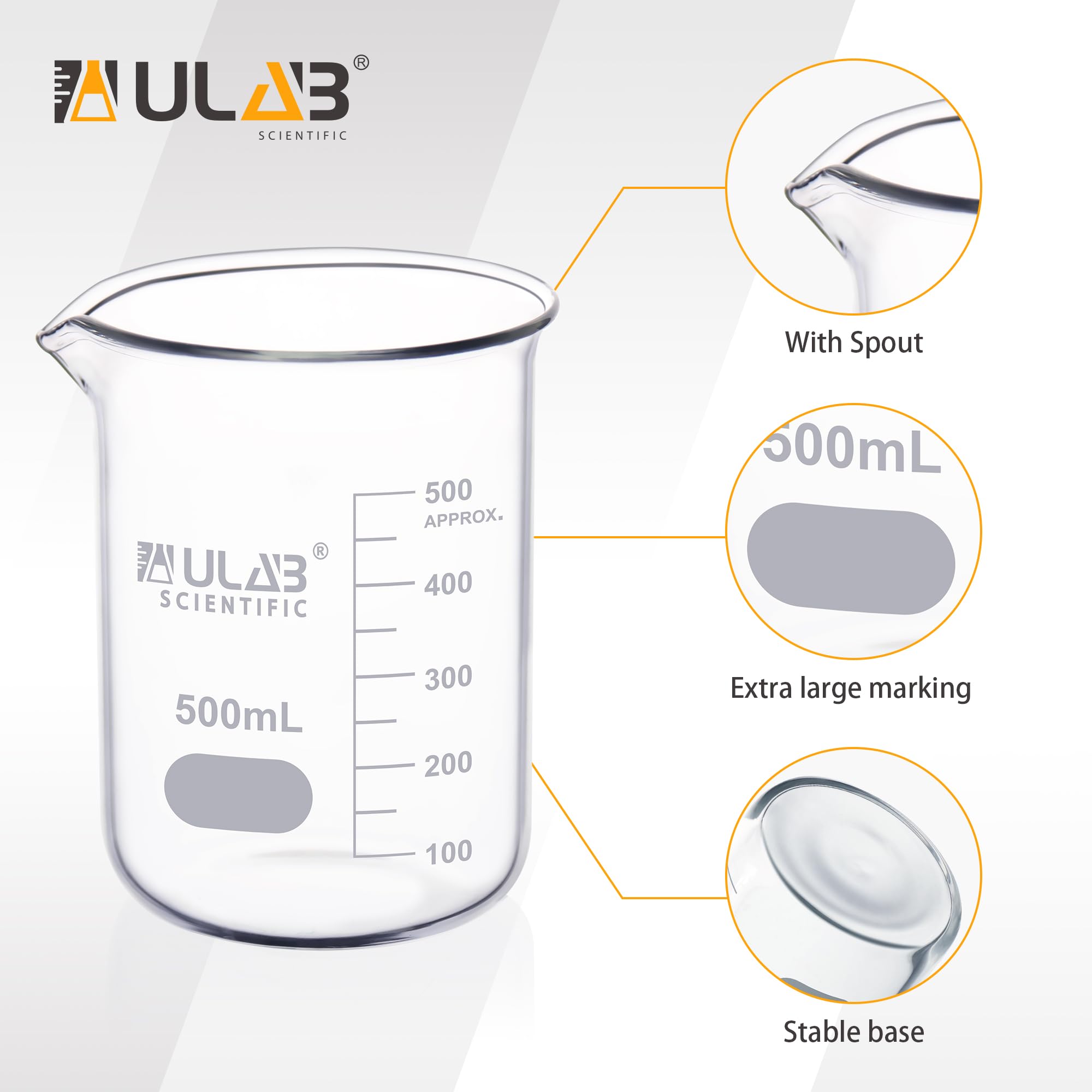ULAB Scientific UBG1038 Lot de 6 gobelets en verre borosilicate 3.3 avec graduation imprimée 500 ml