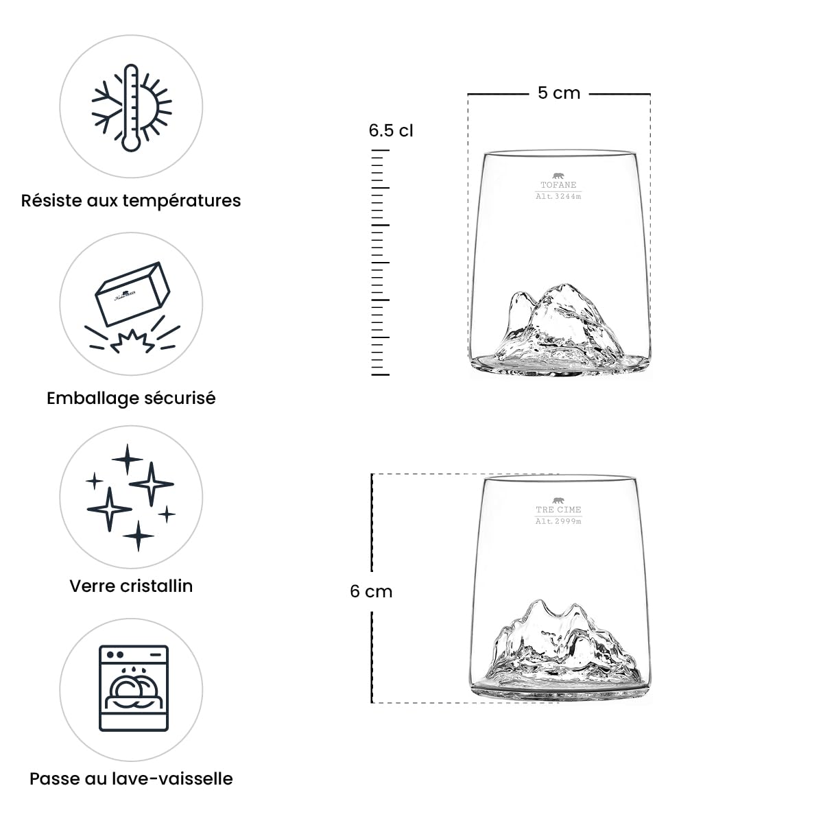 Alaskan MAKER Cofanetto di 2 sparatutto da 6,5 cl – Bicchieri in cristallo di alta qualità soffiati artigianalmente con le montagne in rilievo | Forma a tulipano | Topografico (Tofane & Tre Cime di