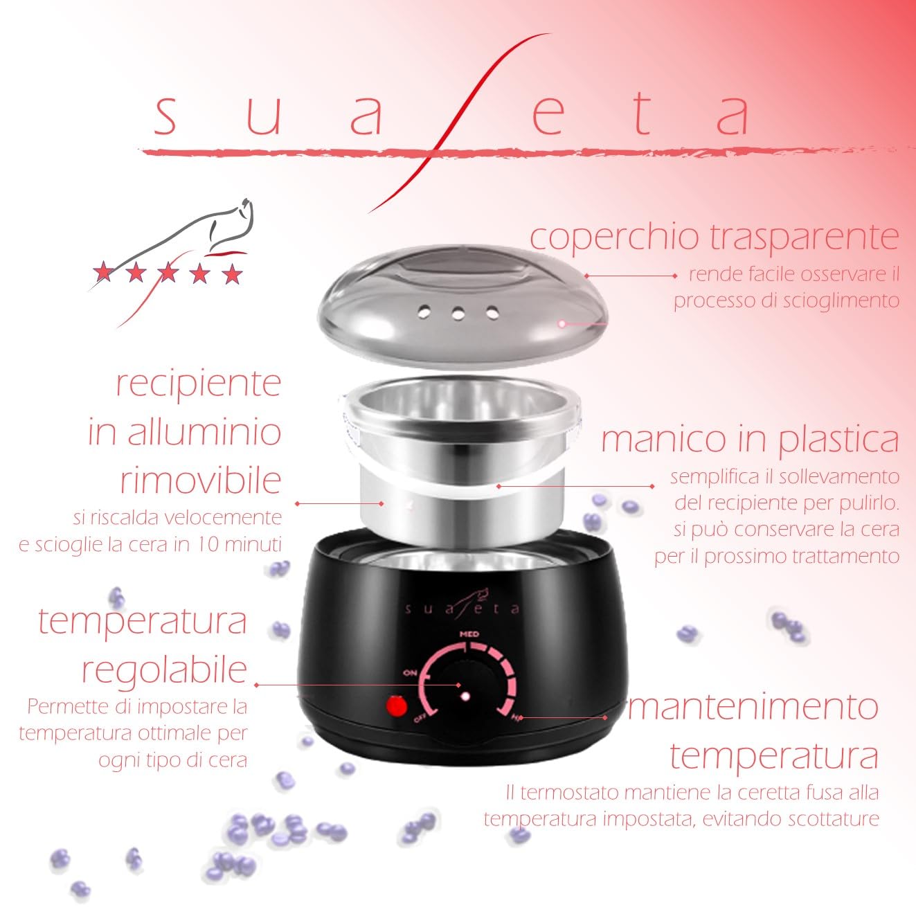 Suaseta, Kit Depilazione Cera Brasiliana, Scaldacera Professionale con Ceretta Italiana in Perle, Indolore, Kit Completo Fornello Scalda Cera Elettrico per Depilazione Uomo e Donna