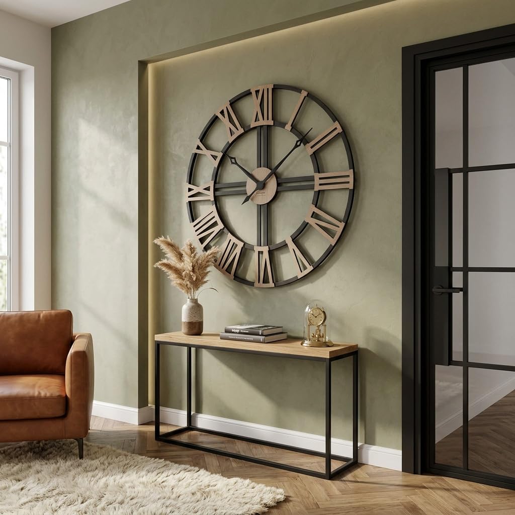 FLEXISTYLE Reloj de Pared Grande EKO XXL sin Ruido de tictac Loft Grande Negro y Roble 80 cm (Grosor 19 mm), para salón, Dormitorio