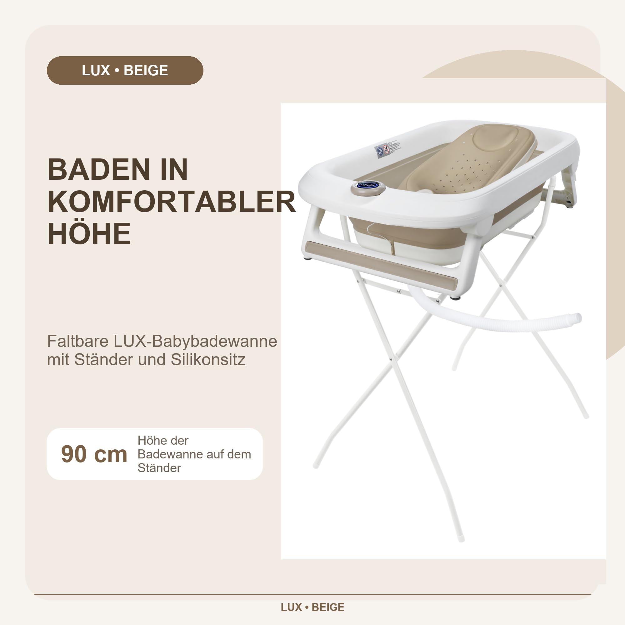 Primabobo LUX Bade-Set für Babys mit Faltbarer Babybadewanne, Elektronischem Thermometer, Badesitz und Gestell, Komplettes Babybad Set für Neugeborene, Beige