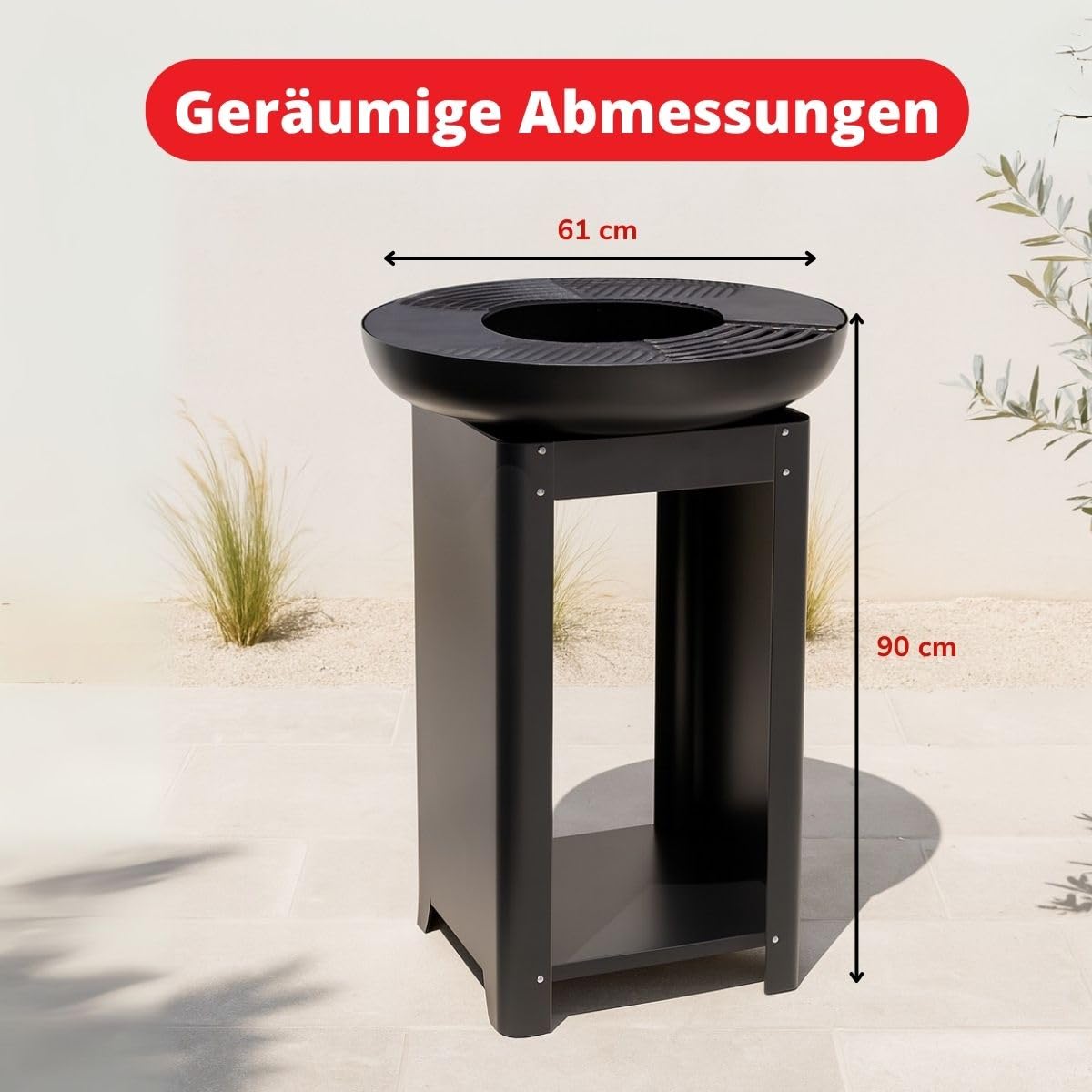 BBQ Collection 3-in-1 Feuerschale mit Grillrost - Feuerkorb 61 x 90 cm - Outdoor Küche mit Teppanyaki und BBQ Grillplatte - Plancha BBQ mit Holzlagerplatz - Gartenkamin für Außen - Metall