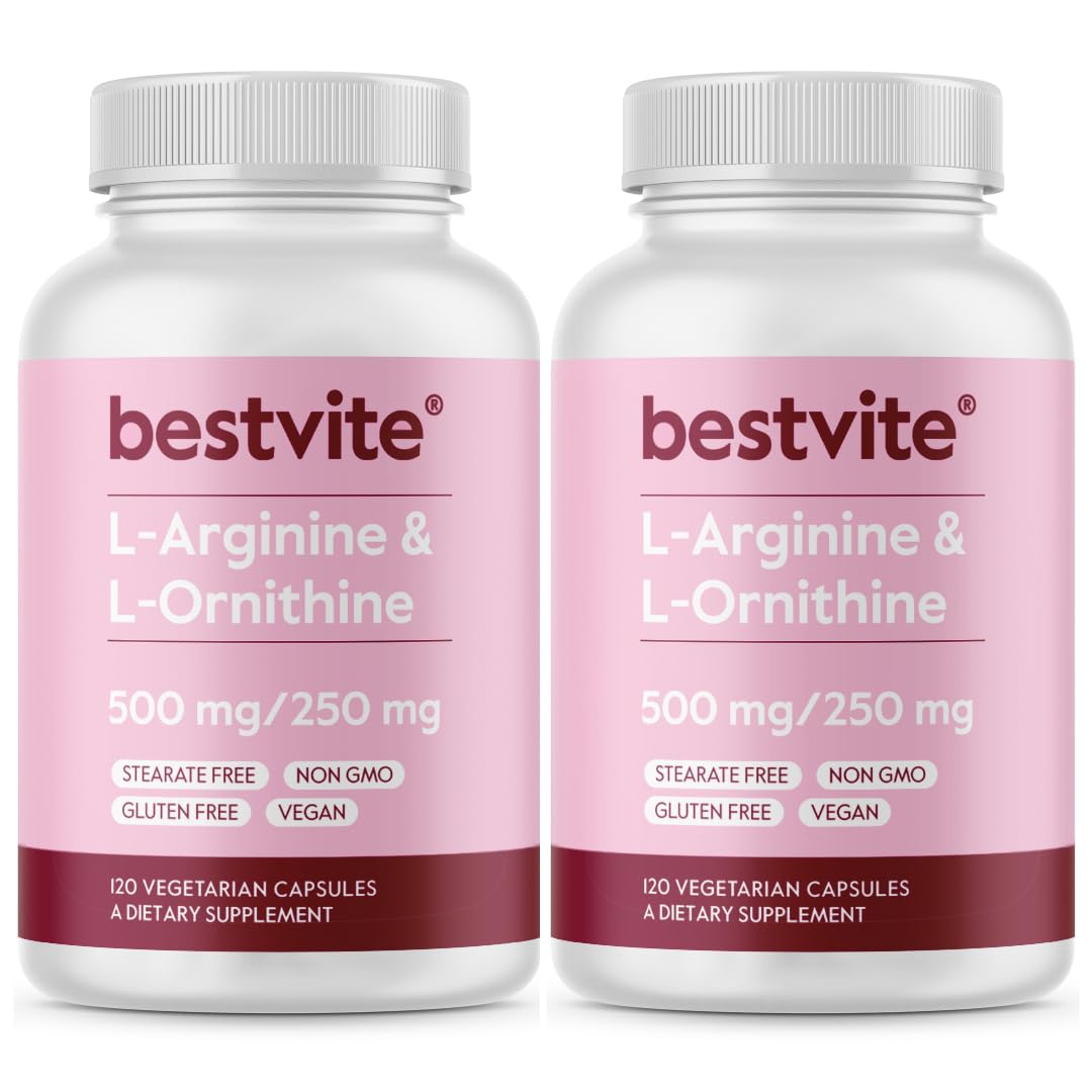 BESTVITE L-Arginine L-Ornithine 500-250 (240 Vegetarian Capsules) (120 x 2) 240 Count (Pack of 1)