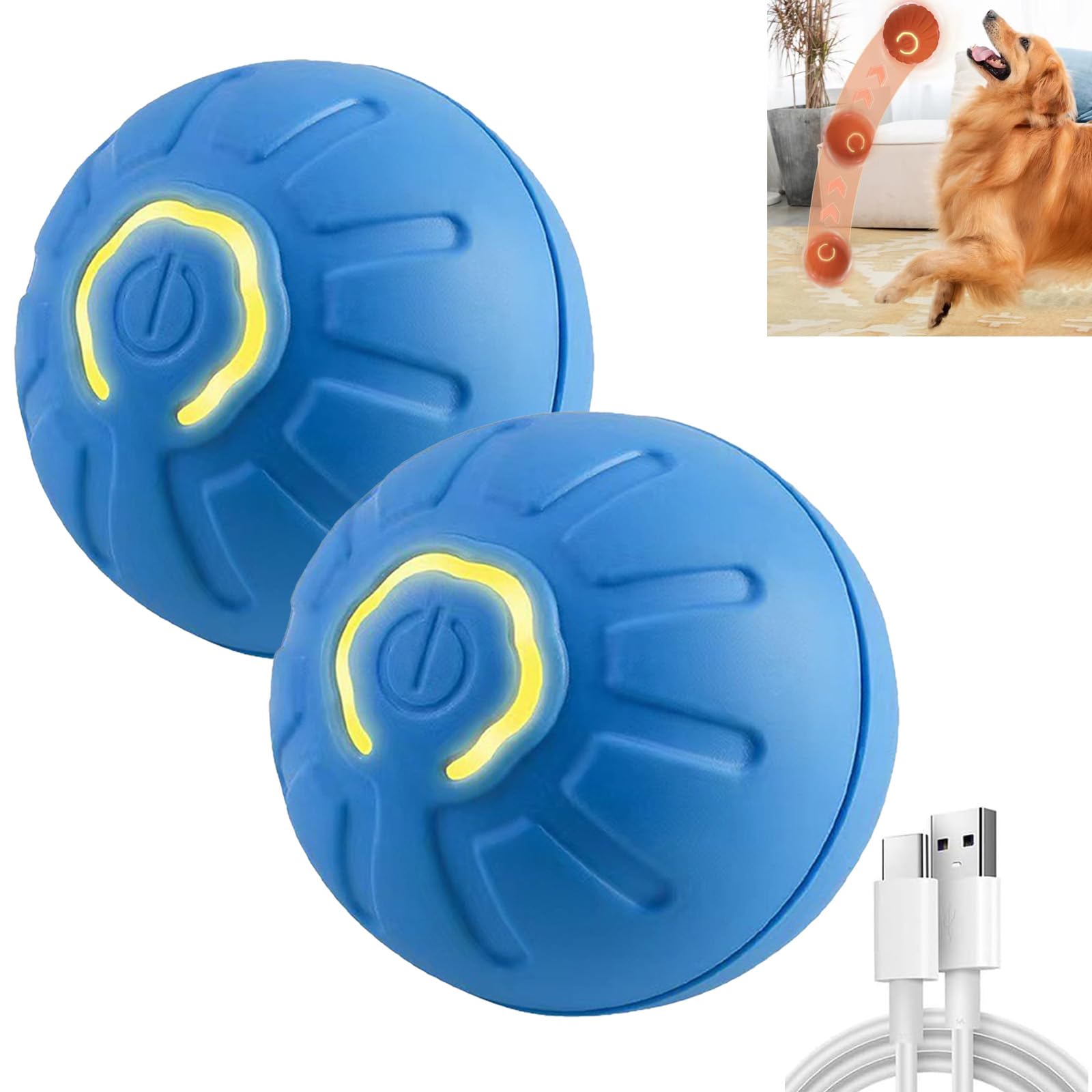 Shaky Ball for Dogs - Automatic Moving, Interactive Bouncing Vibrating Toy, USB Rechargeable for Small, Medium, Large Dogs (Blue-2PCS)