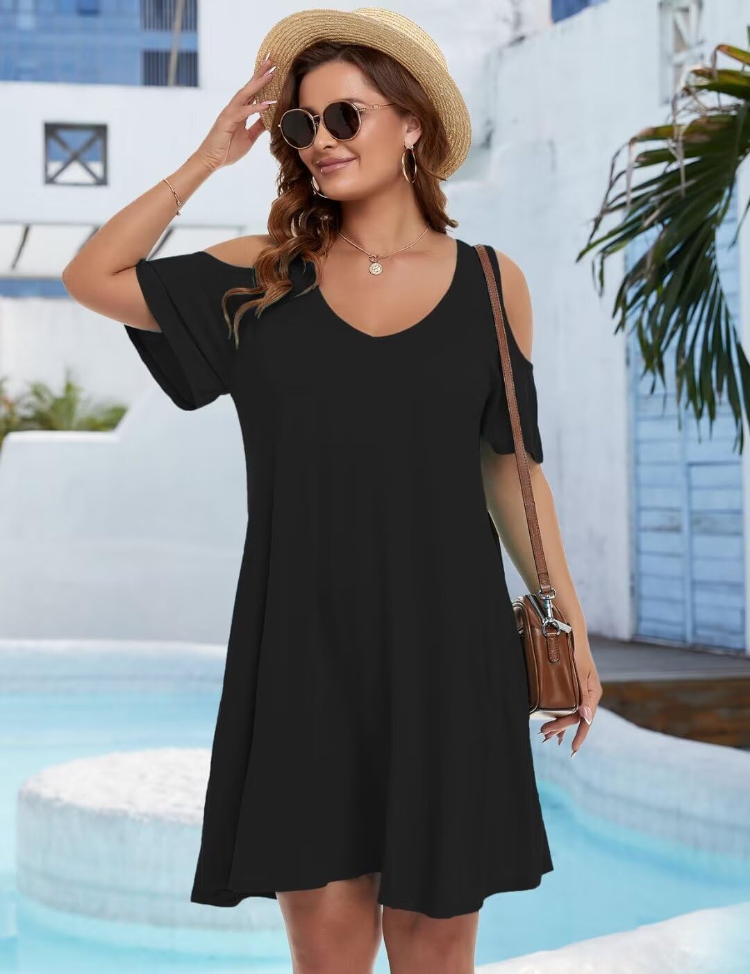 JollieLovin Womens Plus Size Short Sleeve Cold Shoulder V Neck T-Shirt Dress with Pockets - Image 4
