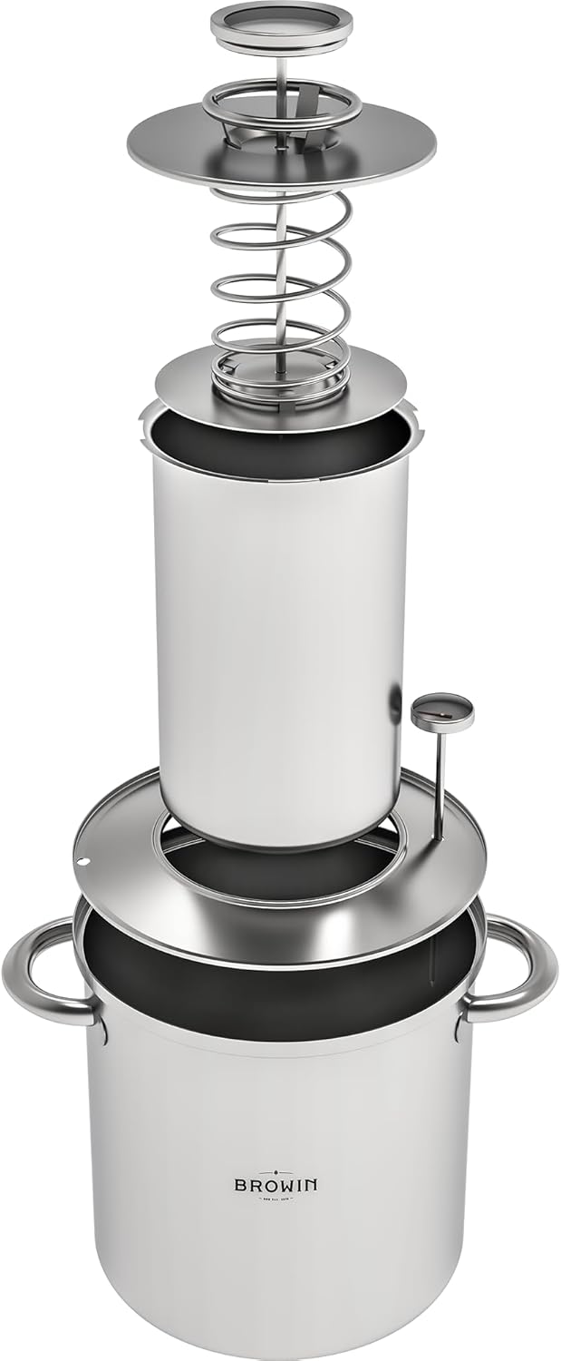 Exploded view of the Browin Ham Cooker components, showing the outer pot, ham cooker cylinder, press plate, and lid.
